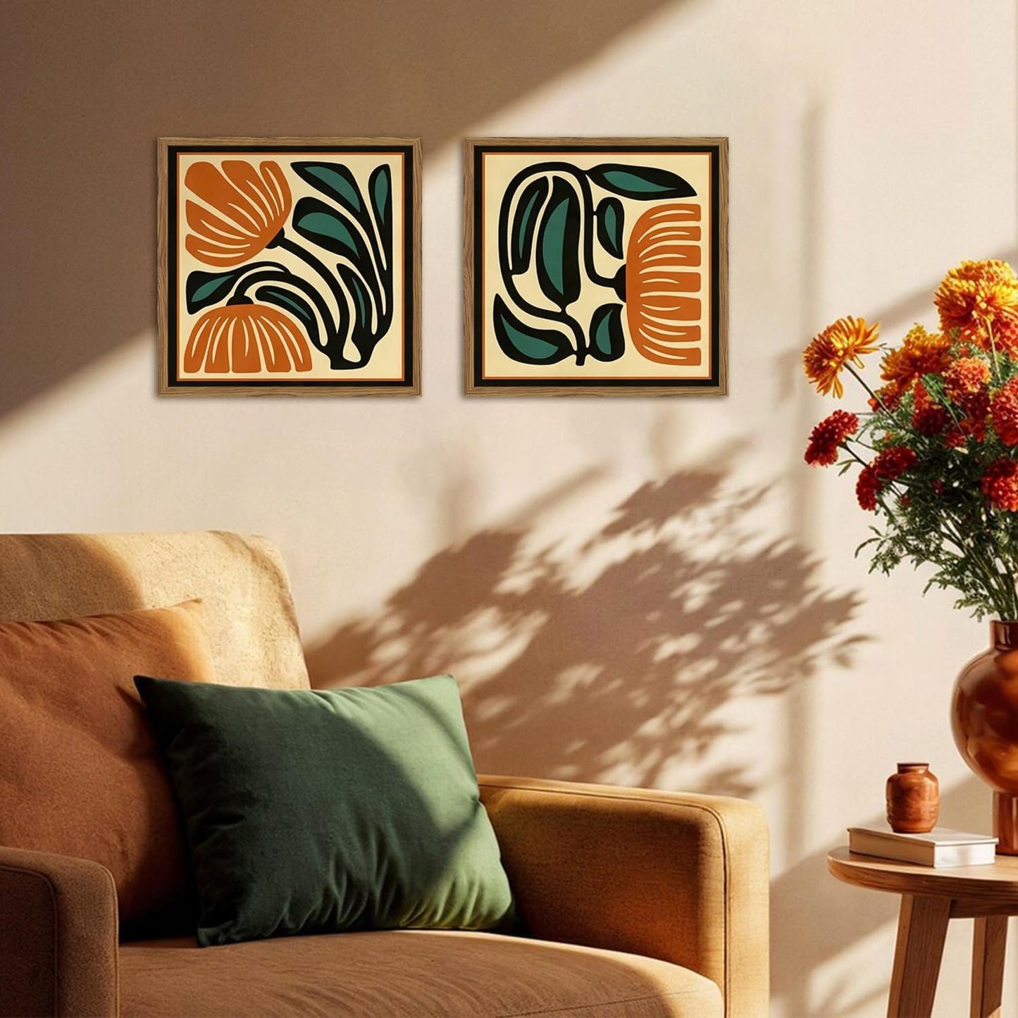 Mid Century Floral Wall Art Set of 2, Modern Square Abstract Botanical Wall Decor Picture, Vintage Boho Eclectic Plant Canvas Prints Paintings for Bedroom Living Room 16x16 inch Wood Framed