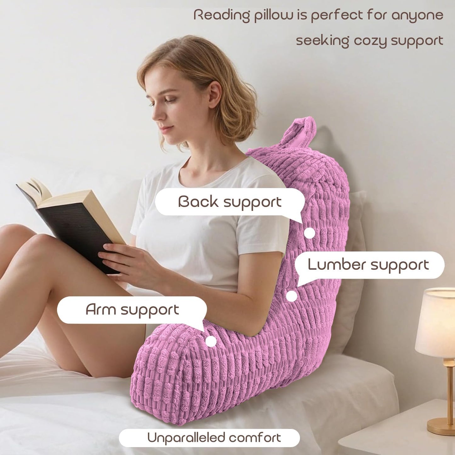 Reading Pillows for Sitting in Bed Adult, Back Rest Pillow for Sitting Up in Bed and Couch, Back Support Chair Pillow Support for Adult Backrest Pillows for Reading (Pale Pink 21 Inch)