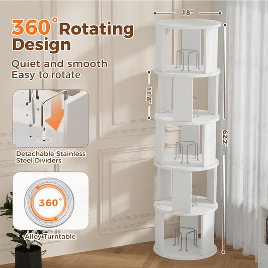 5 Tier Rotating Bookshelf Tower, 360° Display Round Bookcase, Floor Standing Corner Revolving Bookshelf Organizer Storage Rack for Home Study Office, White