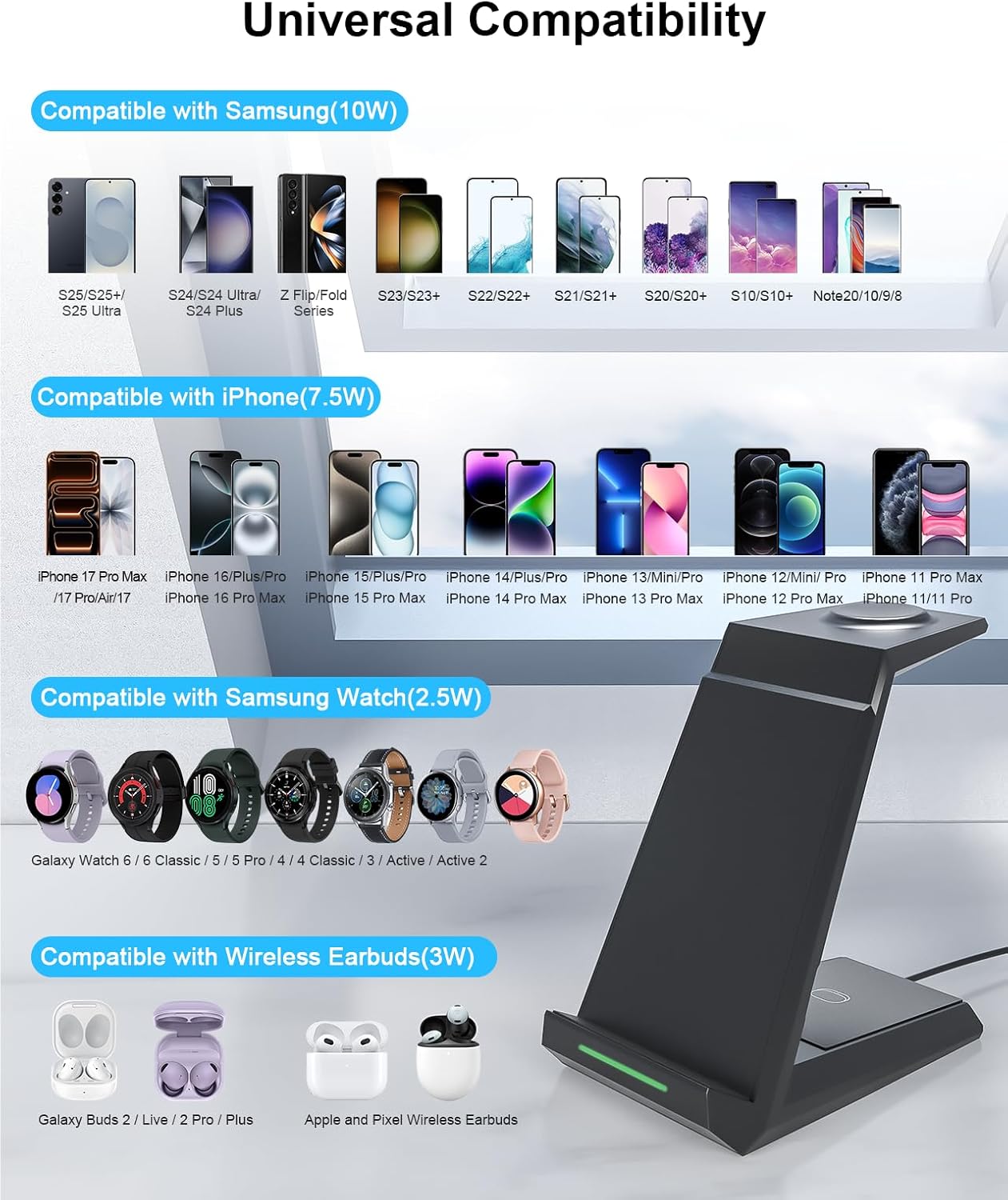 Wireless Charger for Samsung - Nanami 3 in 1 Charging Station for Multiple Devices, Fast Charger Stand for Galaxy S26 S25 S24 S23 Ultra S22 Z Flip Fold 7,Galaxy Watch 6/5/5 Pro/4/3, Galaxy Buds 2 Pro