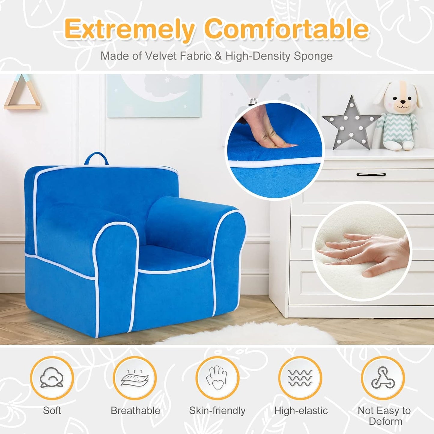 Costzon Kids Couch, Toddler Soft Sofa Chair w/Removable & Washable Velvet Surface for Preschool, Play Room, Nursery, Kindergarten, Toddler Sofa Couch for 0-5 Year Old Boys Girls Birthday Gift