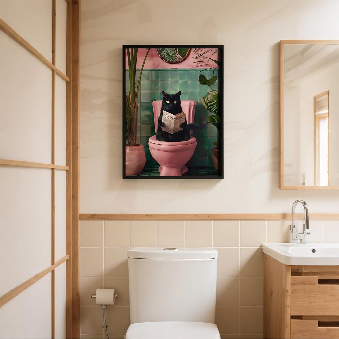 Framed Vintage Cat Canvas Wall Art, Funny Pink Animal Reading Books Painting Picture Print, Cute Kitten Lovers Aesthetic Wall Decor for Nursery Girls Room Bedroom Kids Room 16''L x 12''W