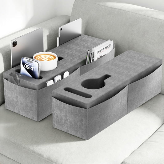 Couch Armrest Caddy with Cup Holder, Portable Sofa Armrest Pillow Drink Holder Table Tray with 5 Large Side Storage Pockets, Portable Sofa Rrmrest for Reading & Bed Rest Pillows armrest couch- 2 Packs