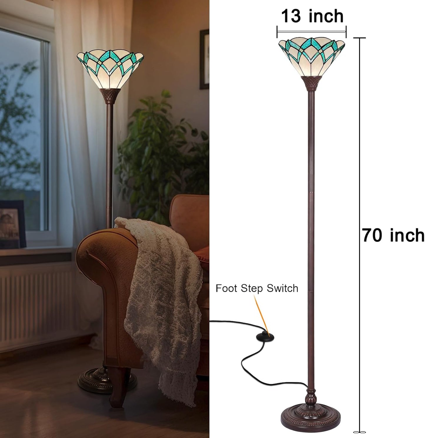 Capulina Tiffany Lamp Stained Glass Torchiere Floor Lamp 70 Inches Tall Dark Bronze Pole Green Romantic Tiffany Style Torch Standing Lamp for Living Room Bedroom Home Office