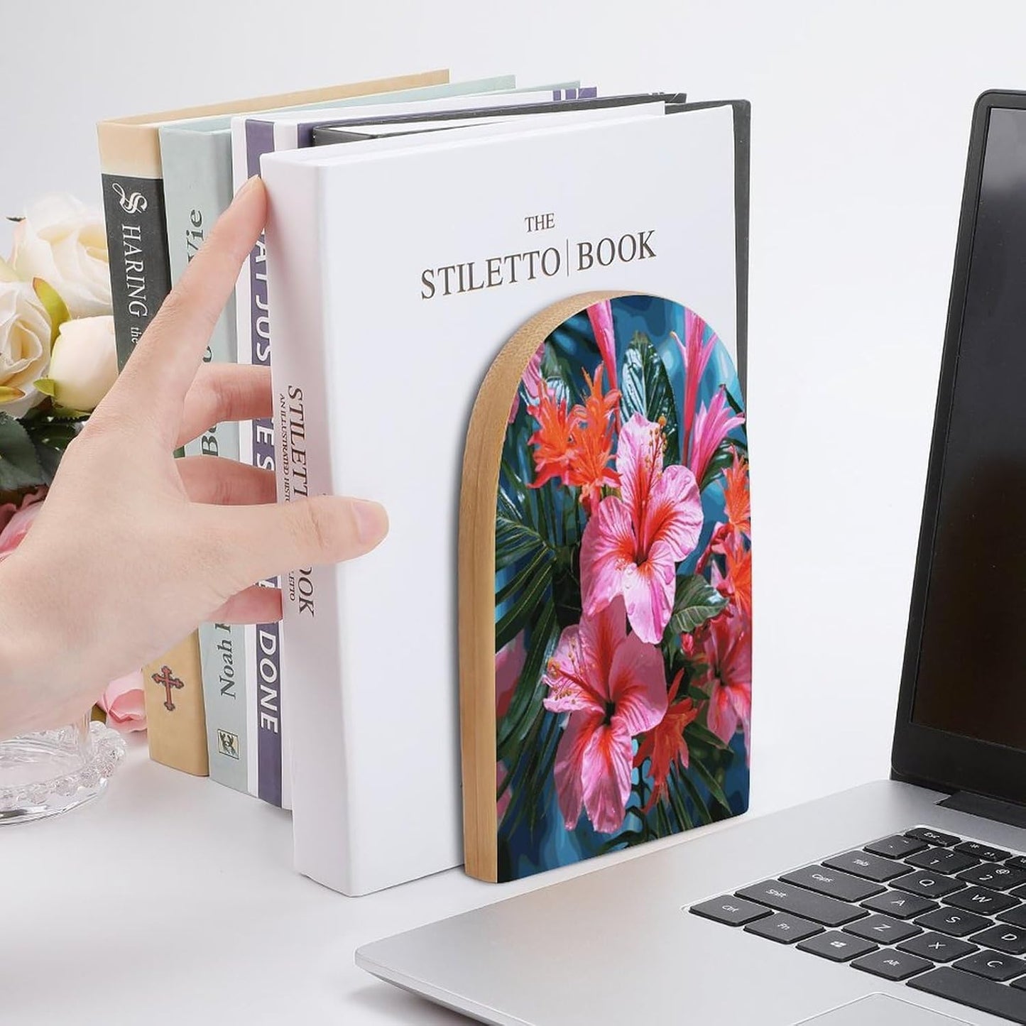 Pink Flower Tropical Plant Bookend for Shelves Wooden Book End Large Size Sturdy Book Holders Stoppers with Metal Base for Bookshelves Slick Decorative Bookends Stands