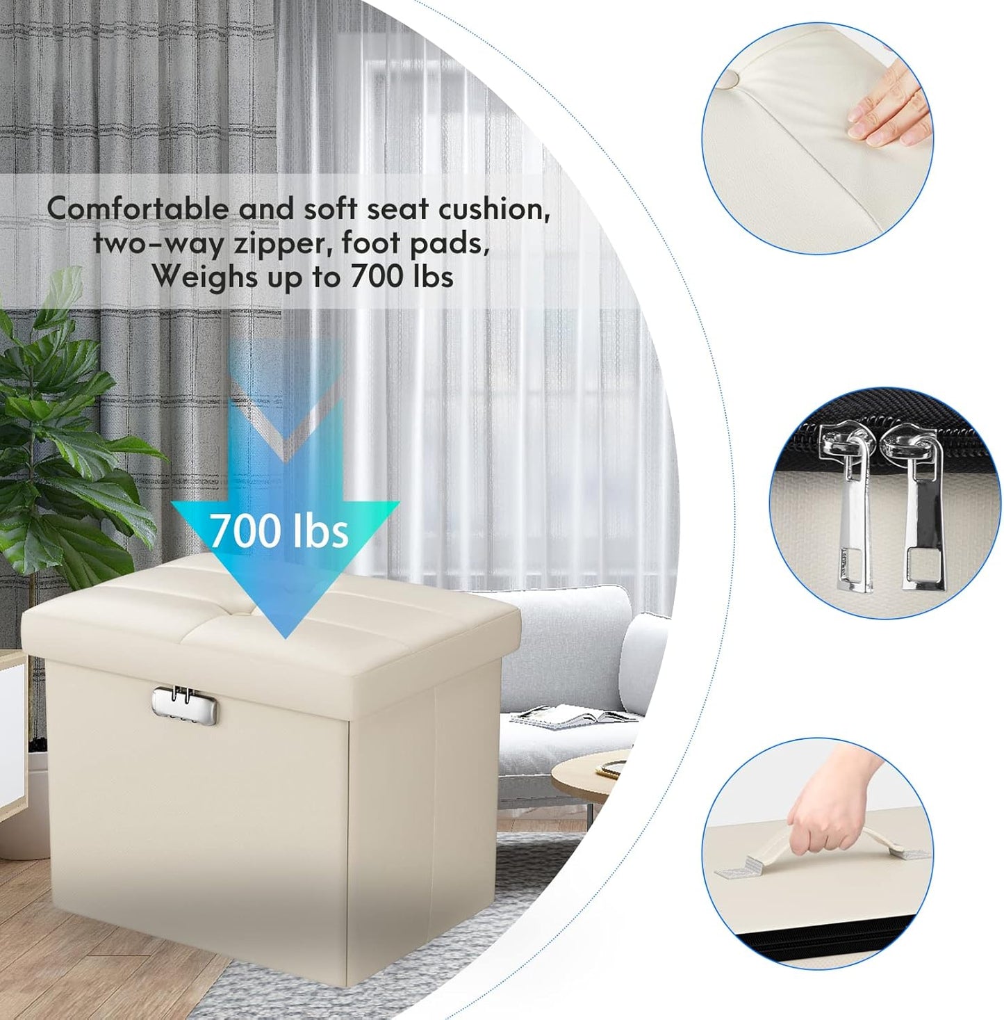Tamfile Small Ottoman with Storage, 17 x 13 x 13 inch Fireproof Safe Folding Ottoman with Lock for Important Documents, Waterproof Foot Rest Stool with Storage, Ottoman Foot Rest with Handle, Beige