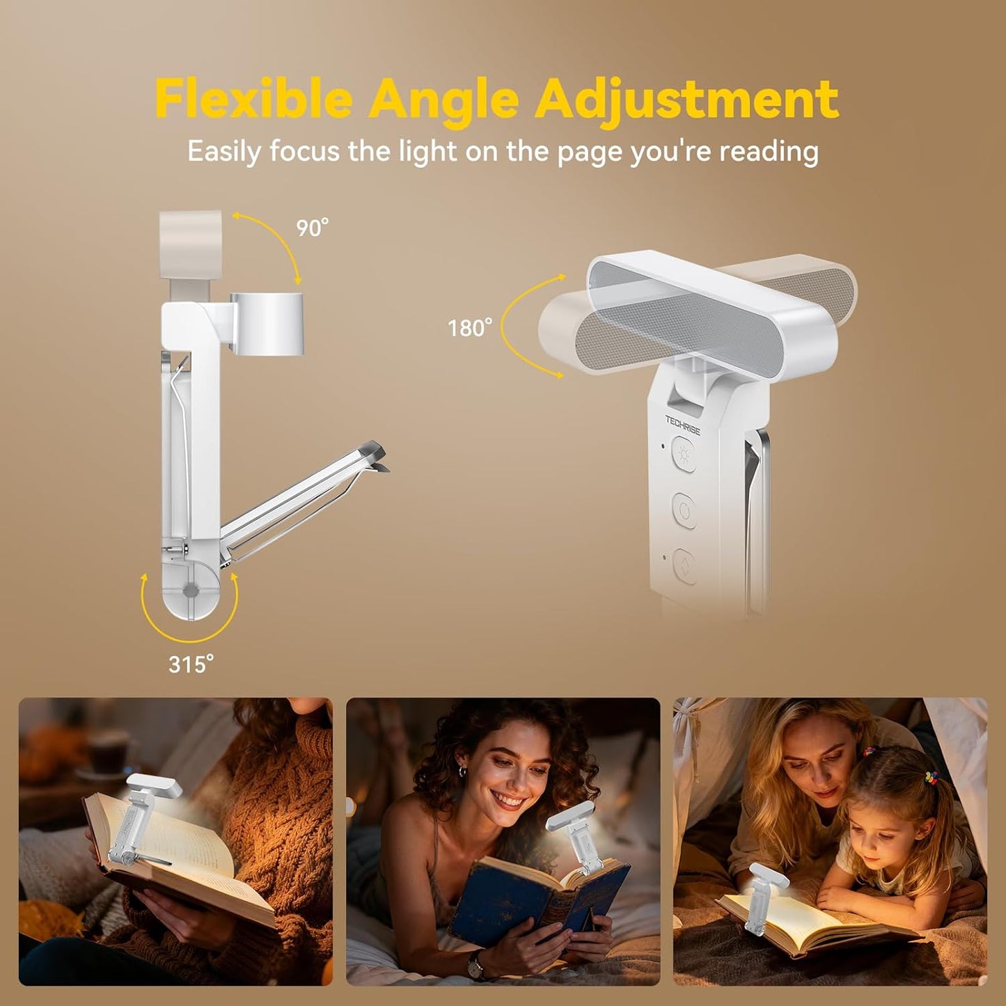 TechRise Book Light, 12 LED Clip-on Reading Light for Books in Bed, Rechargeable Reading lamp, Eye-Caring with Timer, 5 Color Temps & 6 Brightness, 80+ Hrs, Perfect for Kids, Book Lovers, Rectangular
