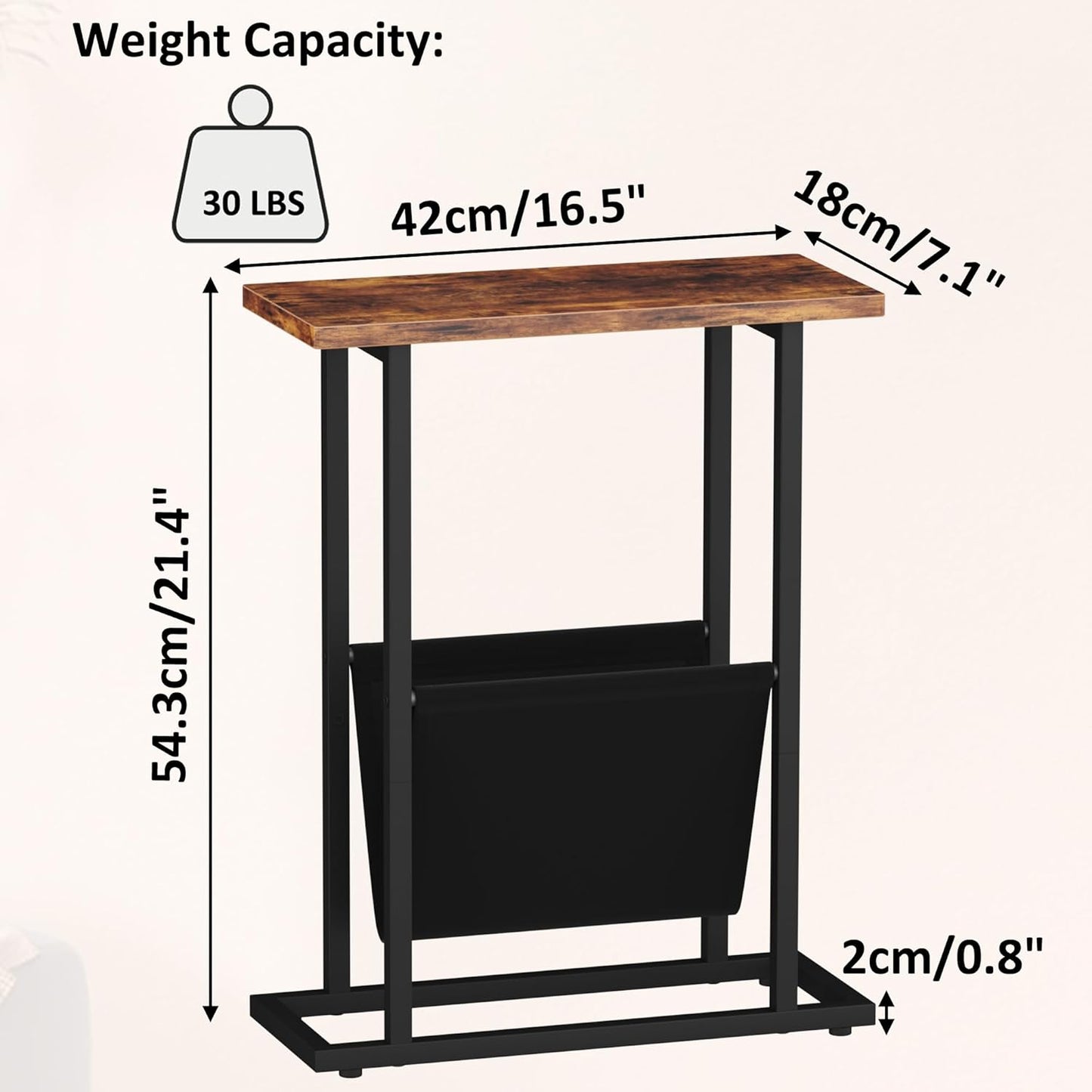 Yusong Narrow Side Table for Small Spaces, Small End Table with Magazine Holder, Skinny Slim Little Thin Table for Living Room, Bedroom, Sofa, Rustic Brown