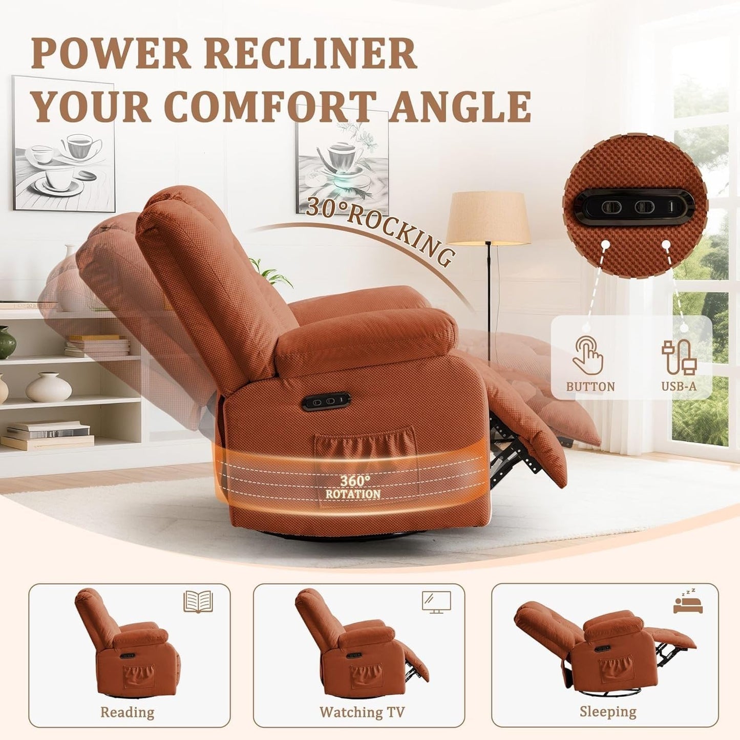 Swivel Rocking Chair with Heat and Massage Modern Electric Rocker Recliner Chairs with Extra Wide Fabric for Living Room Bedroom Meeting Home Theater