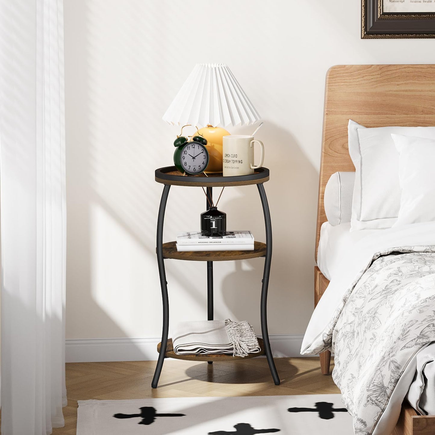 YINMIT Small Round Side Table, 3 Tier Slim Waist End Table with Anti-Tip Edge Guard, Compact Nightstand for Bedroom, Round Corner Accent Table for Small Spaces Living Room Sofa Couch