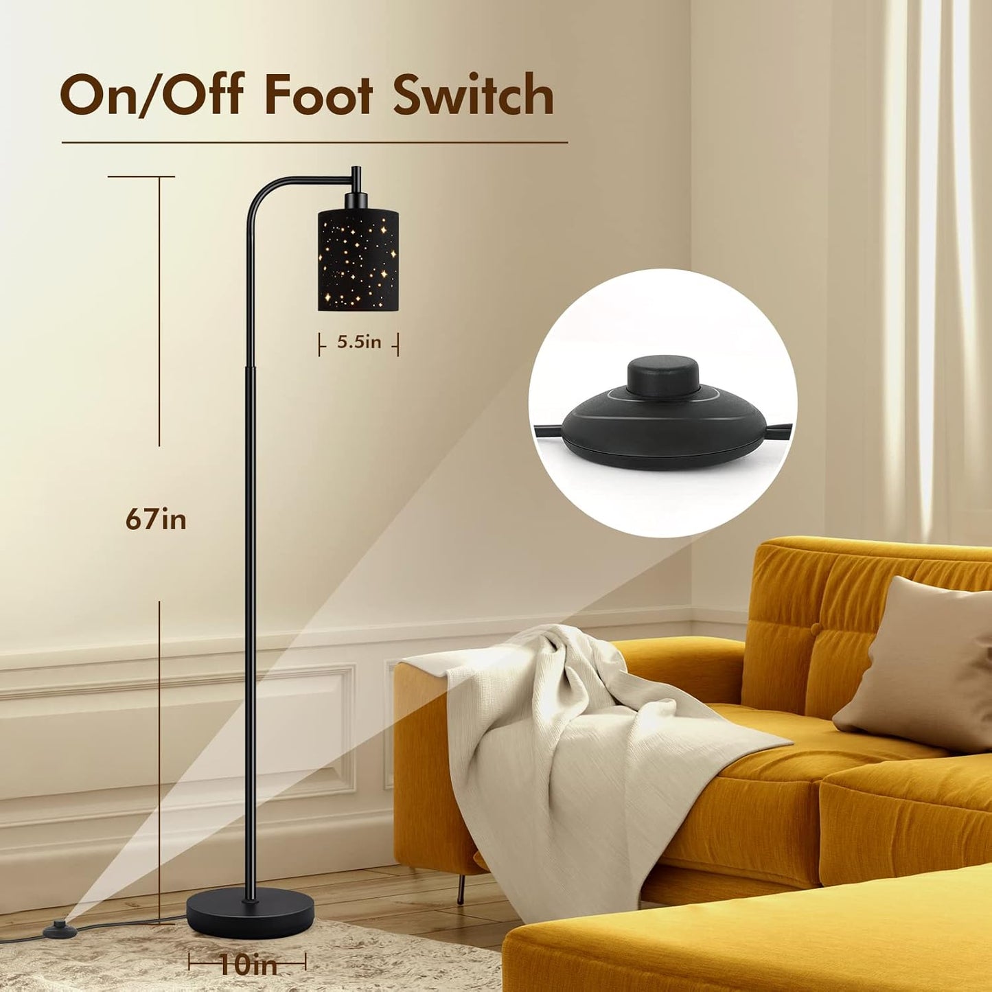 Gothic Industrial Floor Lamp with Starry Laser Cut Shade, 67" Black Metal Standing Lamp with 6W LED Bulb,Foot Switch, Perfect Halloween Spooky Home Decor,Tall Floor Lamp for Bedroom, Living Room,Black