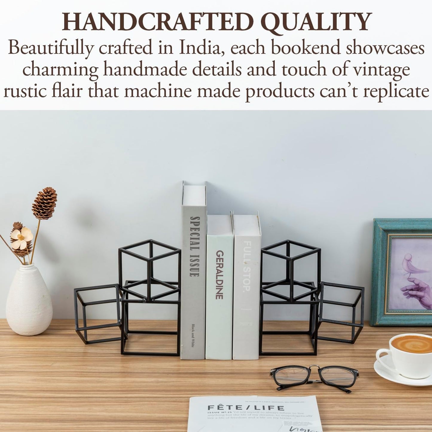 MyGift Modern Black Metal Geometric Bookends, Decorative Book Ends Stands for Home Library Bookshelf Office Desk, 1 Pair, Handcrafted in India, 3 Cube Frame Design