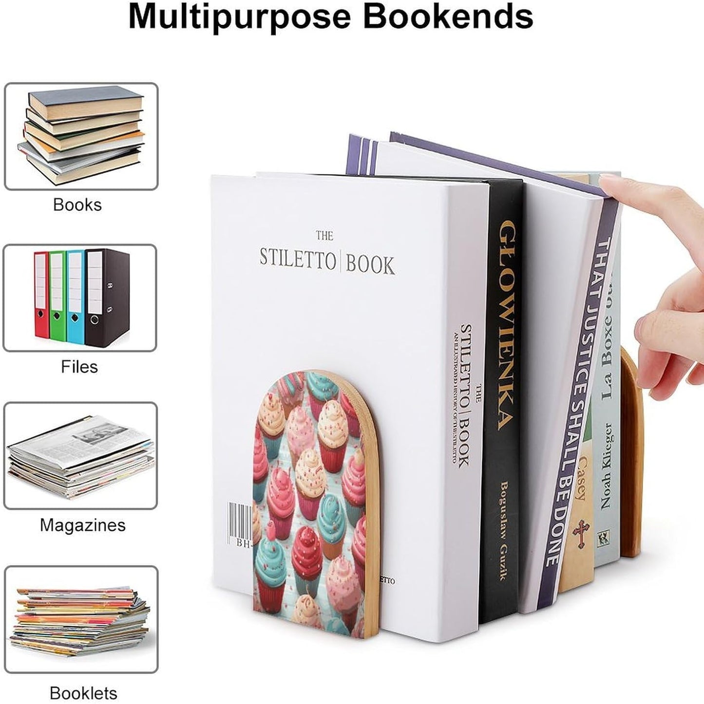 Colorful Sweet Lollipop Cupcake Donut Bookends 1 Pair Heavy Duty Book Ends for Shelves Non-Skid Bookend Supports Wooden Book Holders with Metal Base Desk Organizers Books Storage to Hold Books