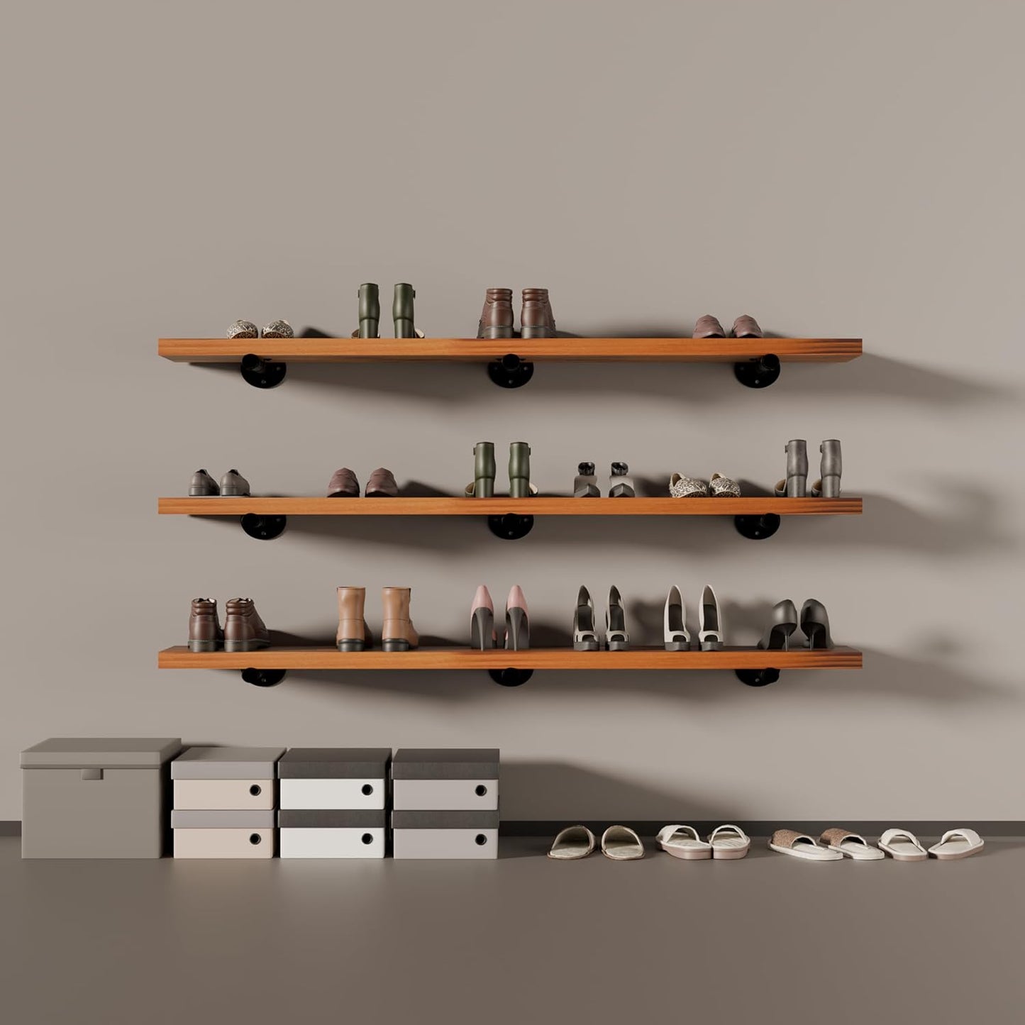 Industrial Pipe Wall Wood Shelves,Real Wooden Shelves 48" in Special Brown Color with 1.2" Extra Thickness, Modern Floating Shevles Bookshelf Shelving Units for Rustic Farmhouse Decor