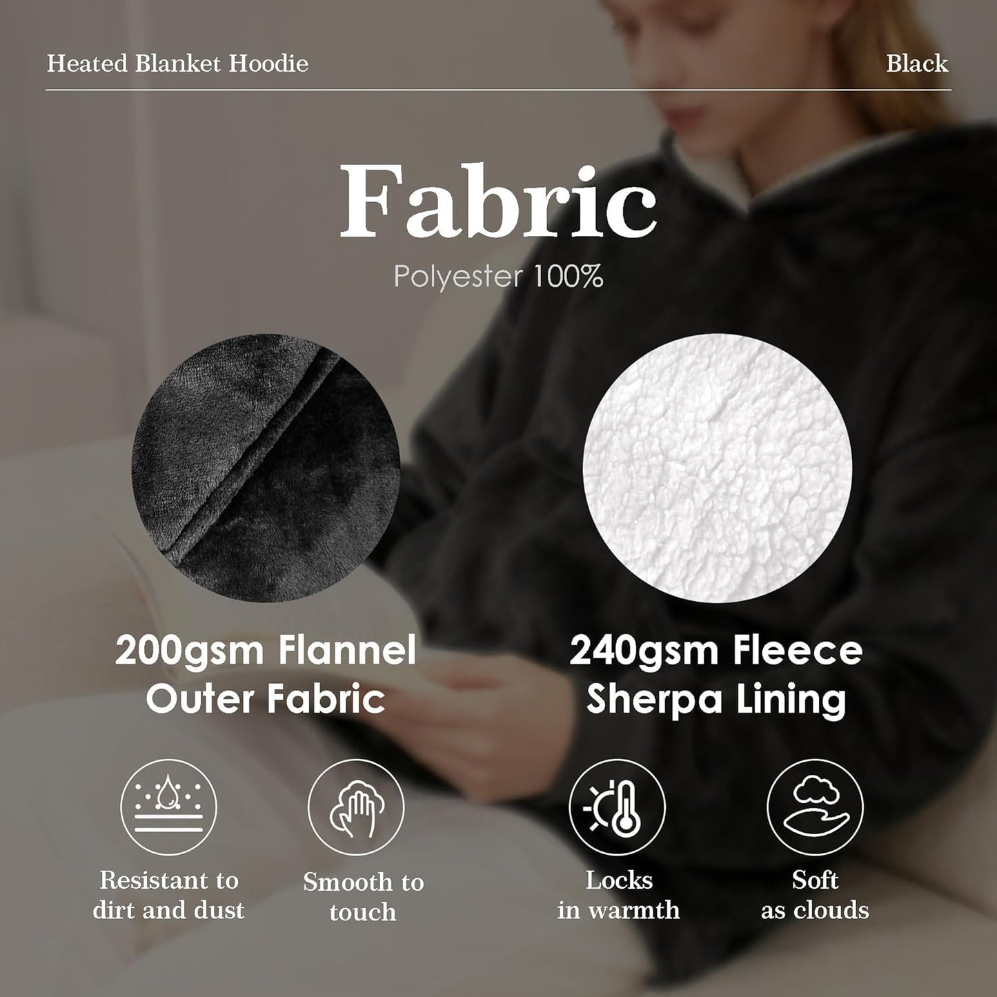 Dark Grey Wearable Heated Blanket Hoodie, Flannel & Sherpa USB Heated Hooded Blanket, Oversized Hoodie Sweatshirt with Pocket, 3 Heating Levels for Man Women Christmas Birthday Gifts, No Battery Bank