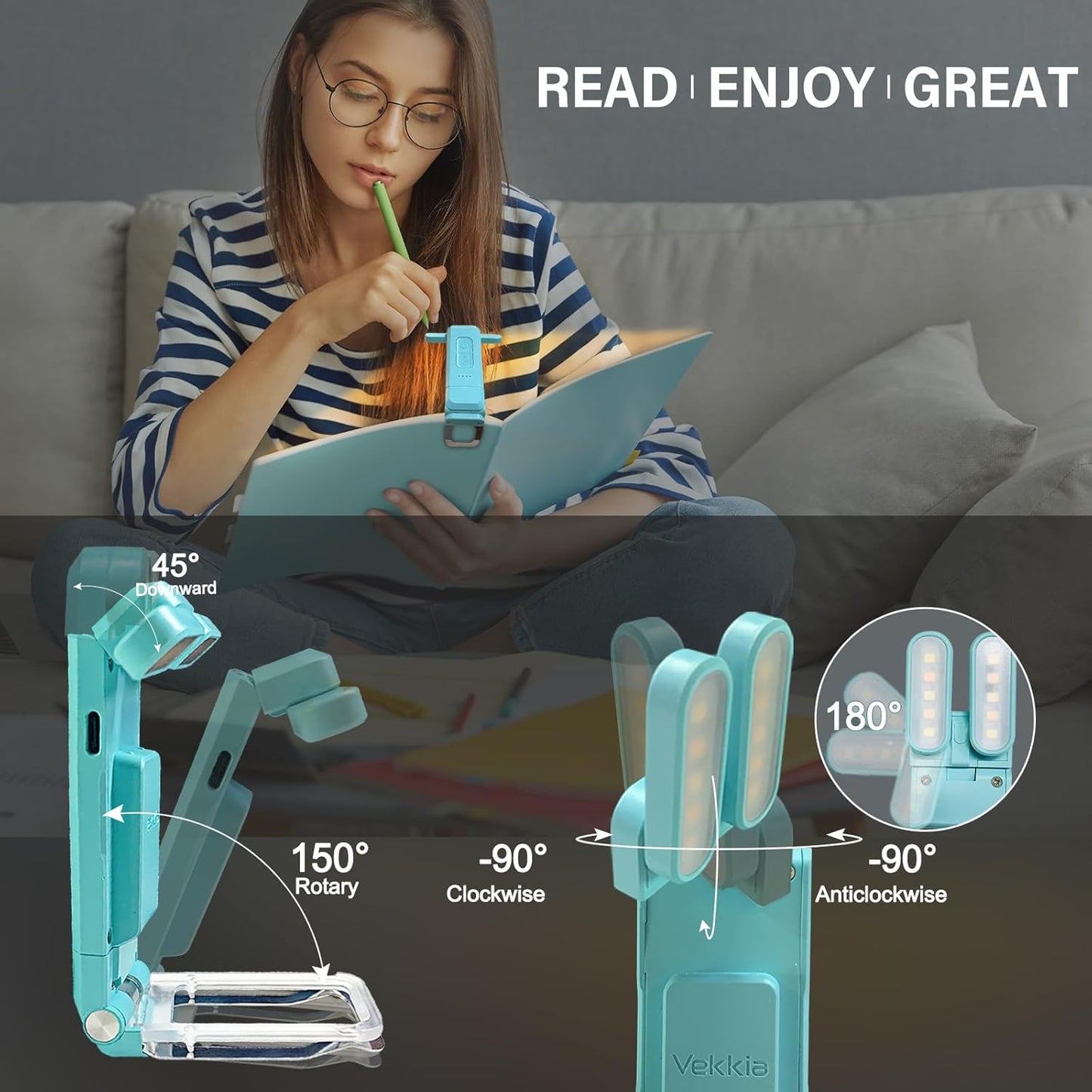 Vekkia LED Clip - on USB Book Light for Reading in Bed - 3 Colors, 5 Brightness Levels, Eye - Caring, Rechargeable & Long - Lasting, for Book Lovers and Kids