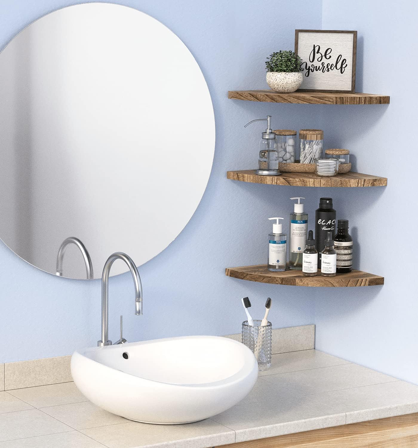 Wall Mounted Rustic Wood Round Edge Corner Shelf Storage Rack, Bookcase, Floating Shelves Home Decor for Bedroom, Living Room, Office and Kitchen, Set of 3 (Round Edge)