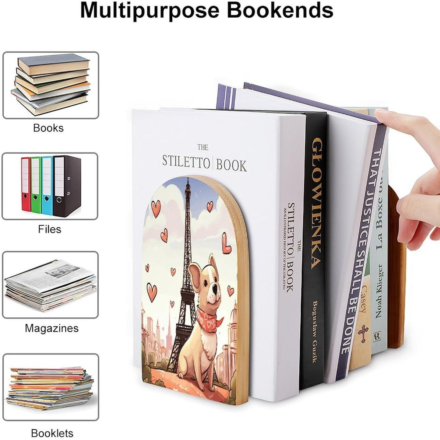 Dog and Eiffel Tower Bookend for Shelves Wooden Book End Large Size Sturdy Book Holders Stoppers with Metal Base for Bookshelves Slick Decorative Bookends Stands