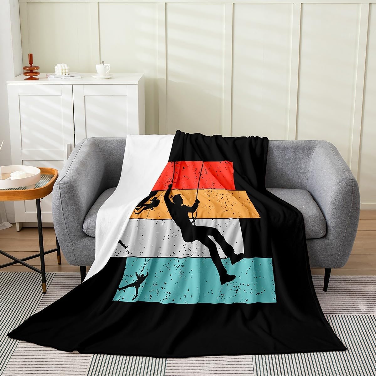 Erosebridal Rock Climbing Flannel Blanket Throw 50x60 Inch Climber Fleece Throw Blanket for Kids Boys Men Patchwork Bouldering Black Orange Red Soft Warm Room Decor