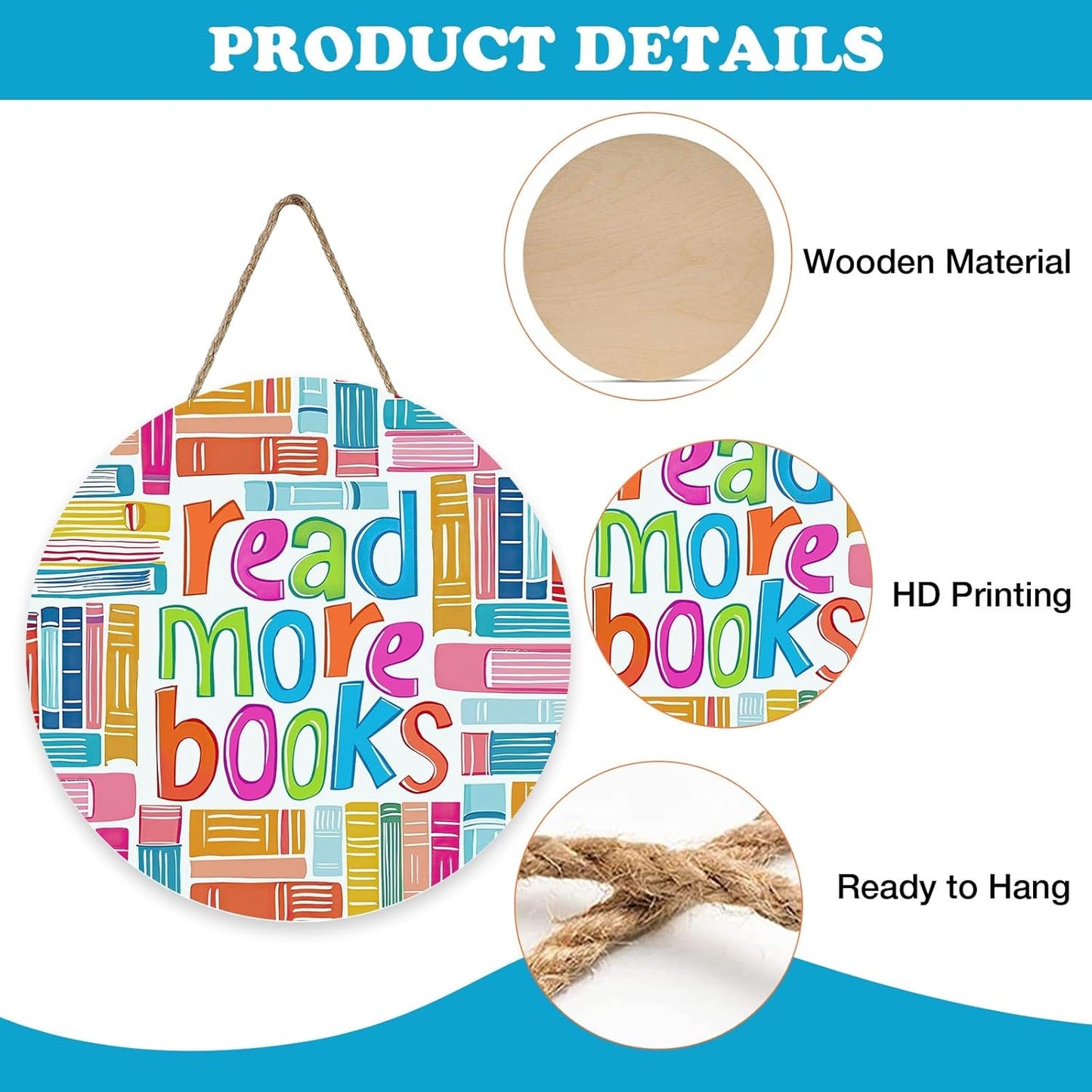 Reading Corner Read More Books Front Door Sign, Inspirational Library Wood Plaque Hanger School Classroom Study Decor, Wooden Wreath Wall Hanging Decoration Bookish Reader Book Lover Gift
