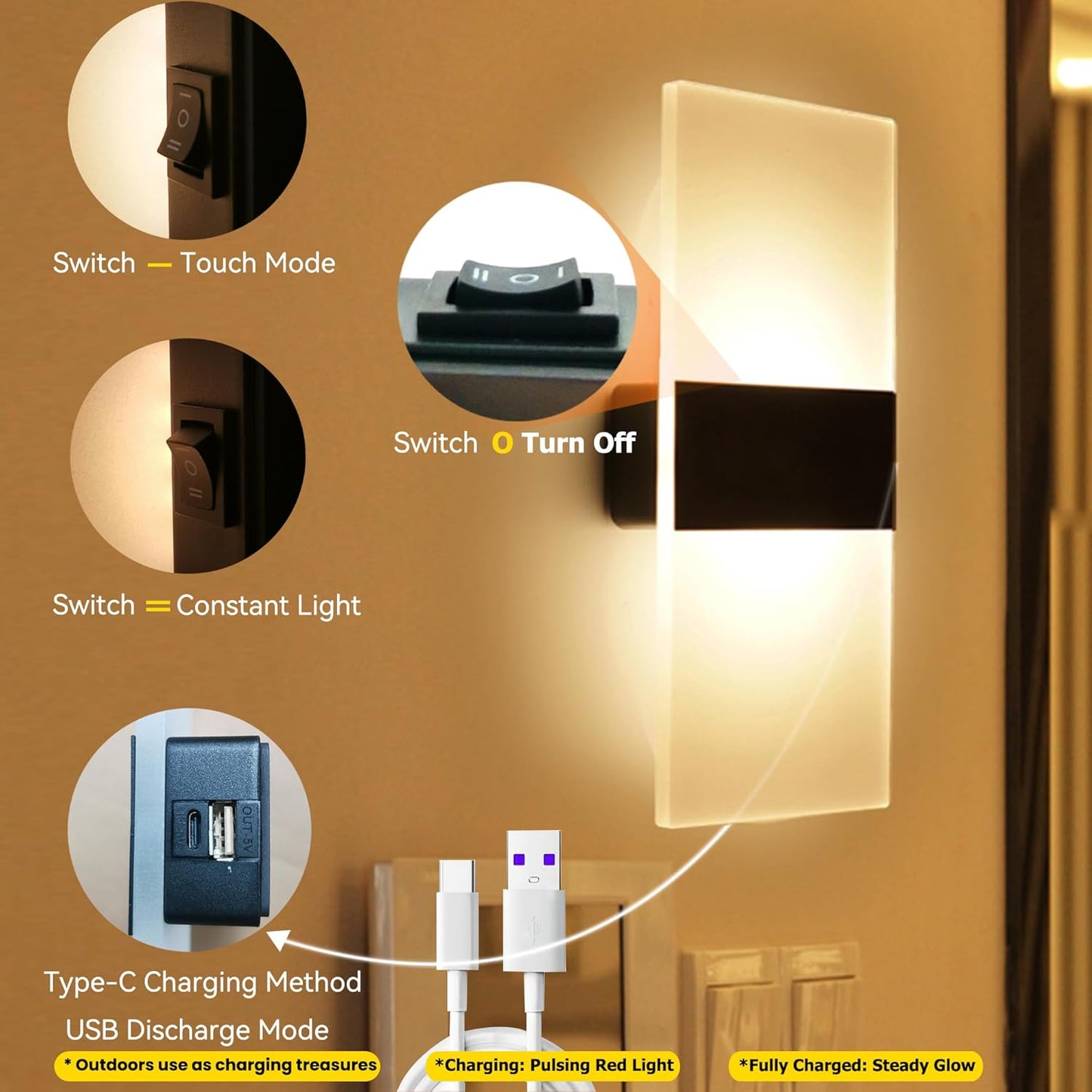 Battery Wall Sconces, Acrylic Bedside LED Wall Lamps Set of Two for Living Room Bedroom Hallway,USB Rechargeable Battery Operated Cordless Night Light,Touch Control,Warm Light Dimmable