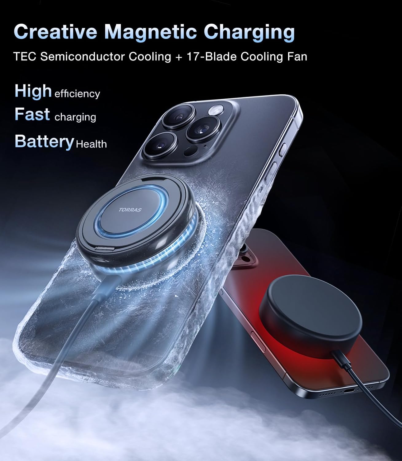 TORRAS PolarCircle Qi2 Wireless Charger, 15W Cooling Magnetic Pad for Samsung Galaxy S26, Wireless Charger for iPhone 17/16/15/14 with 360°Spin Stand, Semiconductor Game Cooler, with 5ft Type-C Cable