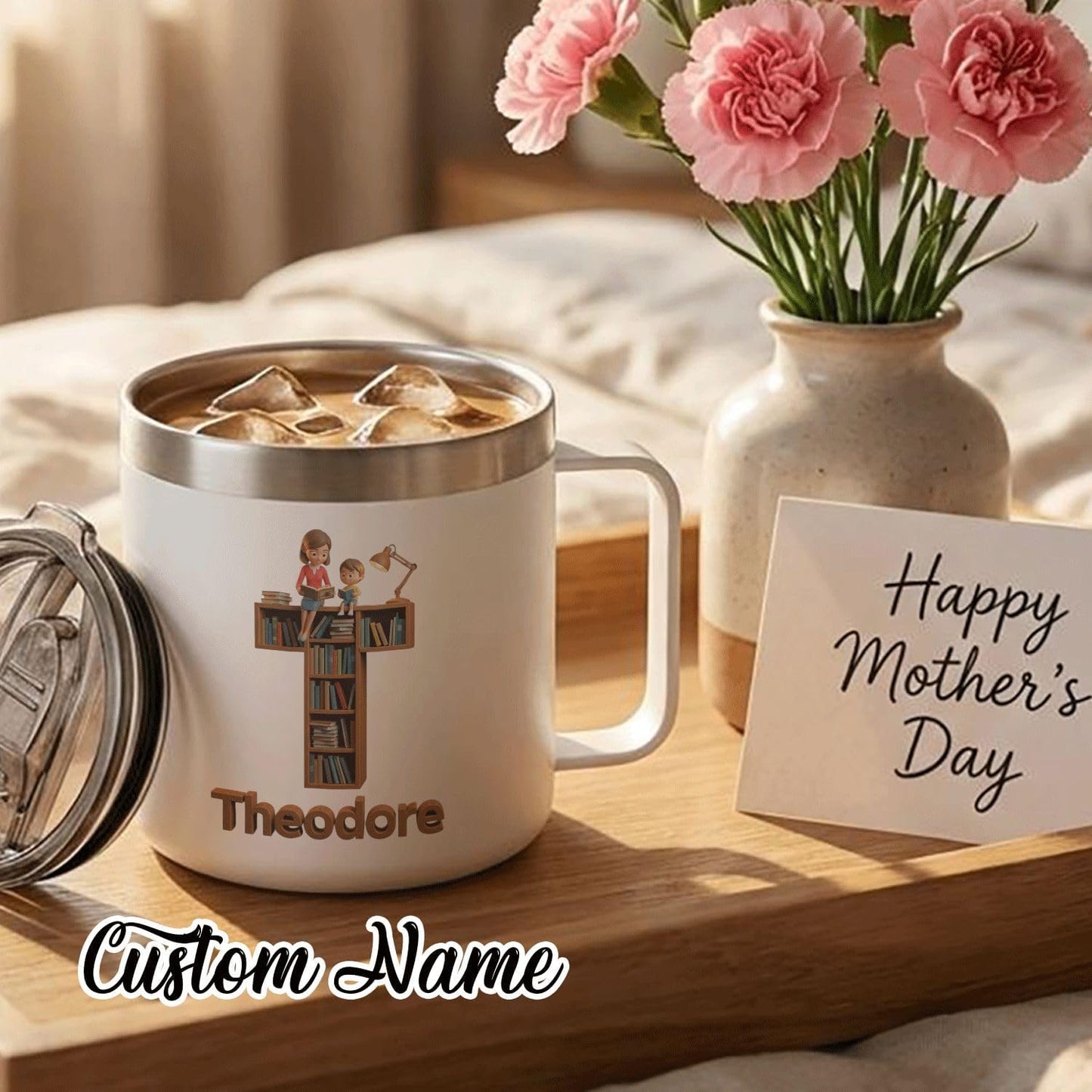 Personalized Christian Reading Mug with Custom Name - Bookshelf Cross Design 14oz Insulated Coffee Tumbler with Handle and Lid - Stainless Steel Camp Cup Gift for Mom, Teacher, Book Lover