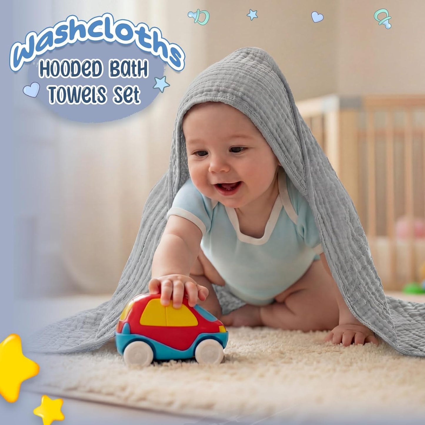 Breling 3 Pcs Muslin Hooded Baby Towels, 32 x 32 Inch Cotton Newborn Bath Towel Muslin Infant Baby Absorbent Blankets Unisex Newborn Registry Gift Essentials for Boys Girls (Light Gray)