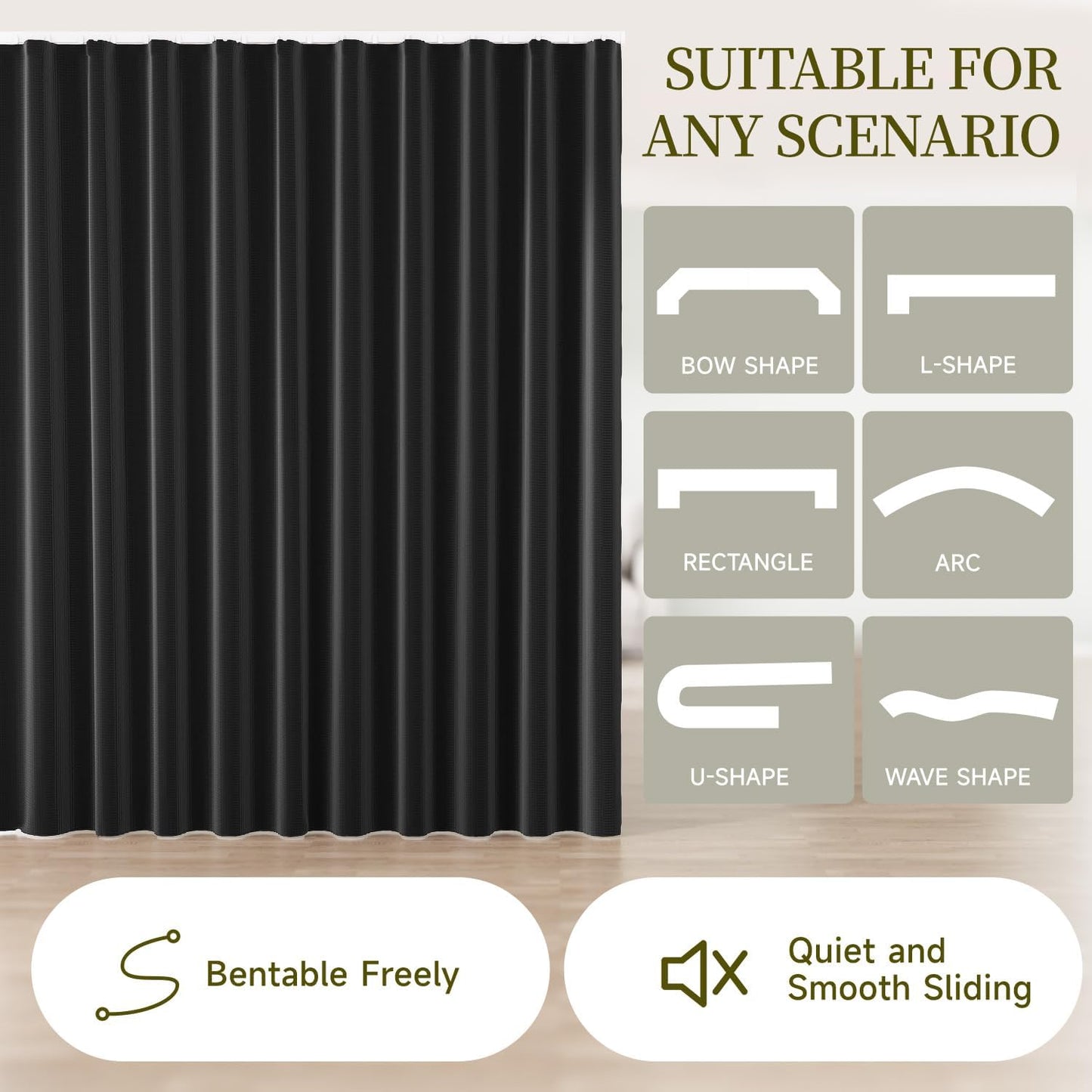 Room Divider Curtain with Ceiling Mount Track Blackout Curtains Thickened Ceiling Privacy Room Divider Screen, Flexible Ceiling Track Window Curtain Panels for Living Room Bedroom (Black W8.3 x L7ft)