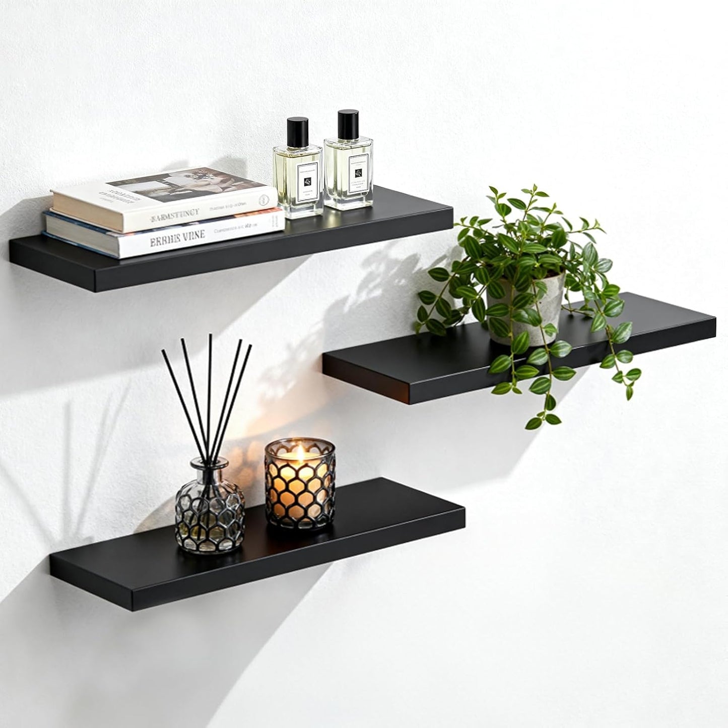 JAMBALAY Floating Shelves for Wall, 16" Wall Mounted Rustic Wood Shelves for Bathroom, Living Room, Bedroom, Kitchen. Hanging Shelf for Books/Storage/Decor (Black, Set of 3)