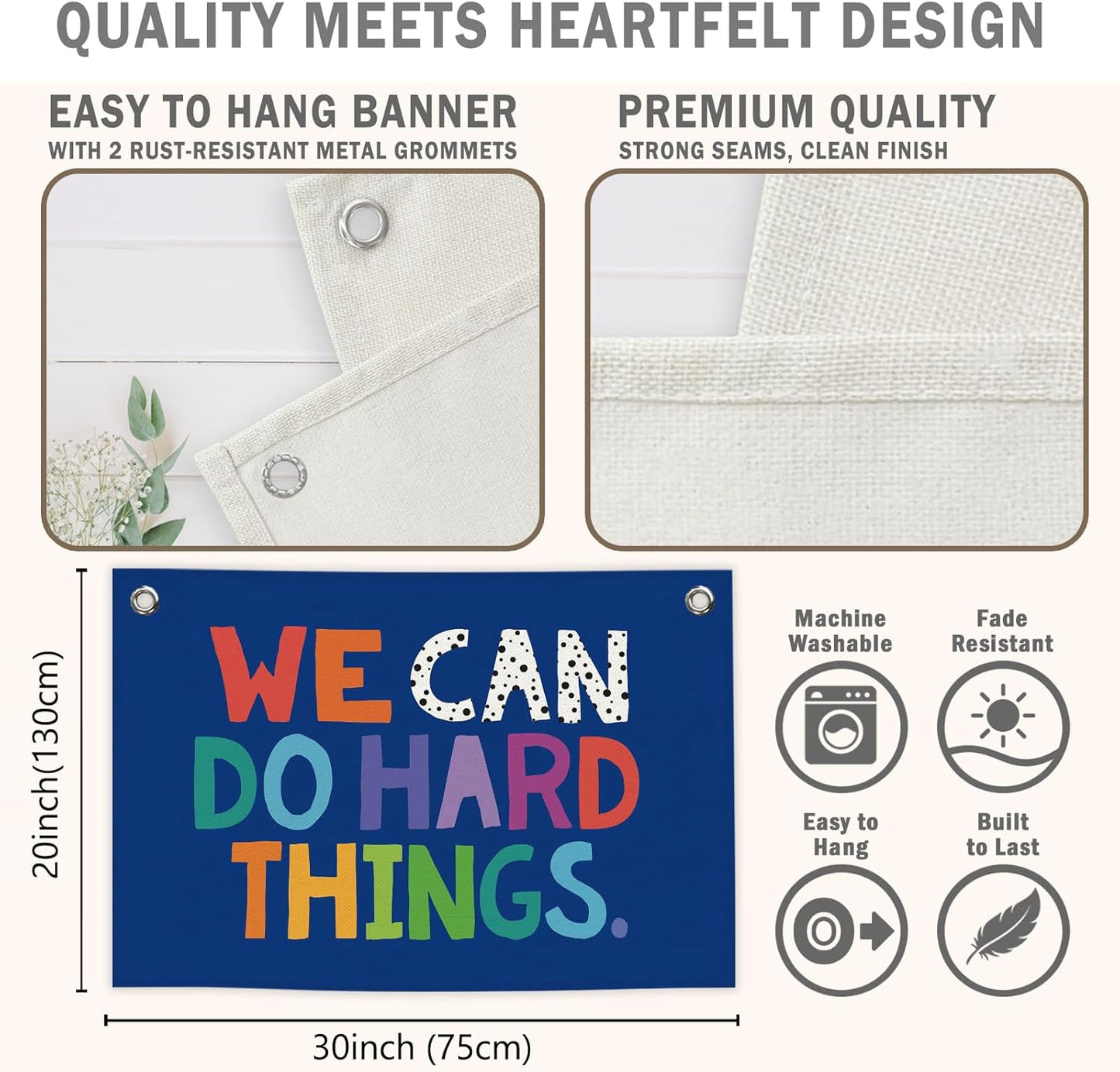We Can Do Hard Things Kids Banner Canvas, Classroom Blue Toddler Room Decor, Inspirational Hanging Flag Sign, Nursery Wall Tapestry Art for Playroom School Counseling Office Boy Decor 20x30in