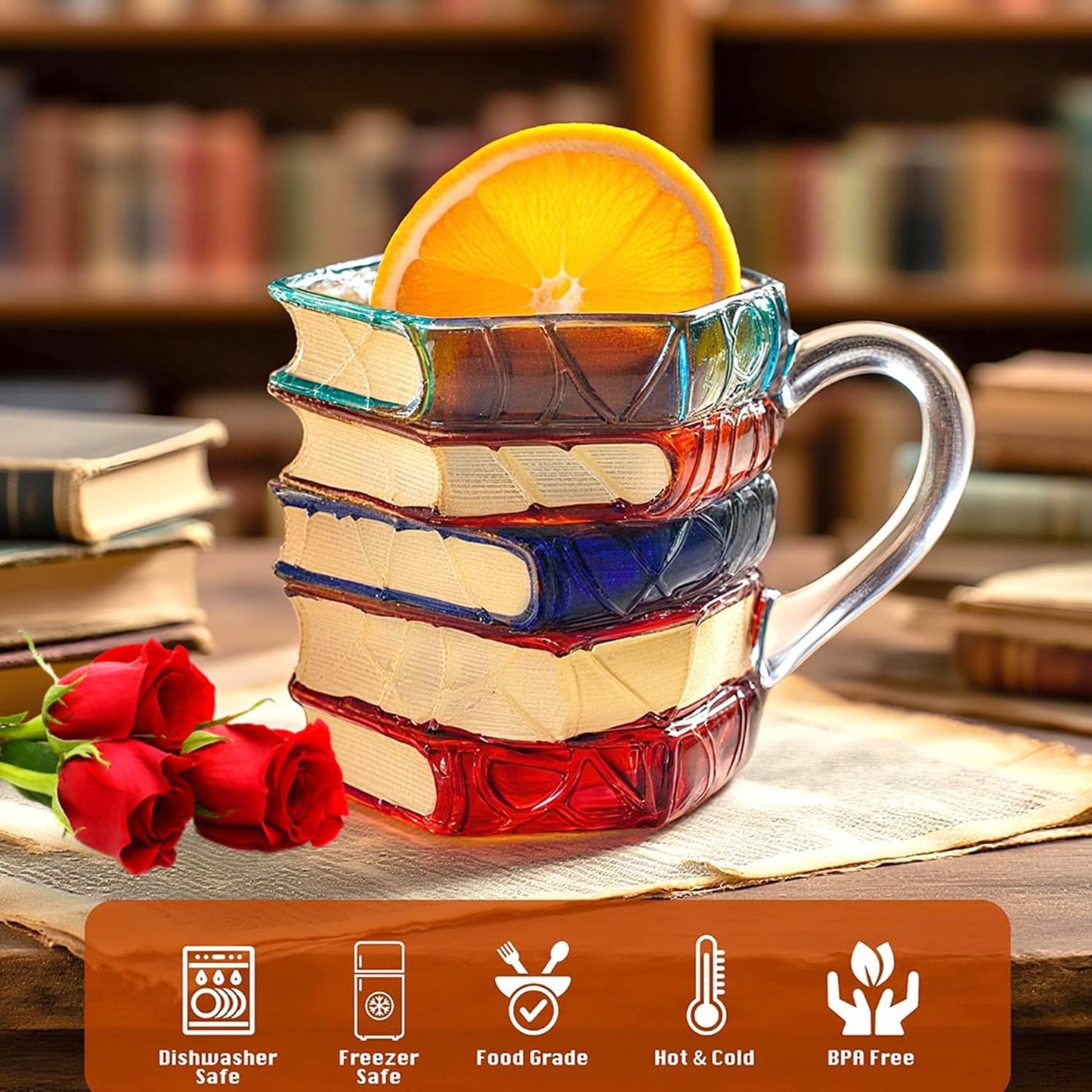 Handpainted Glass Book Stack Mug, 7oz, Literary Design Coffee Tea Cup for Readers and Writers (Small)