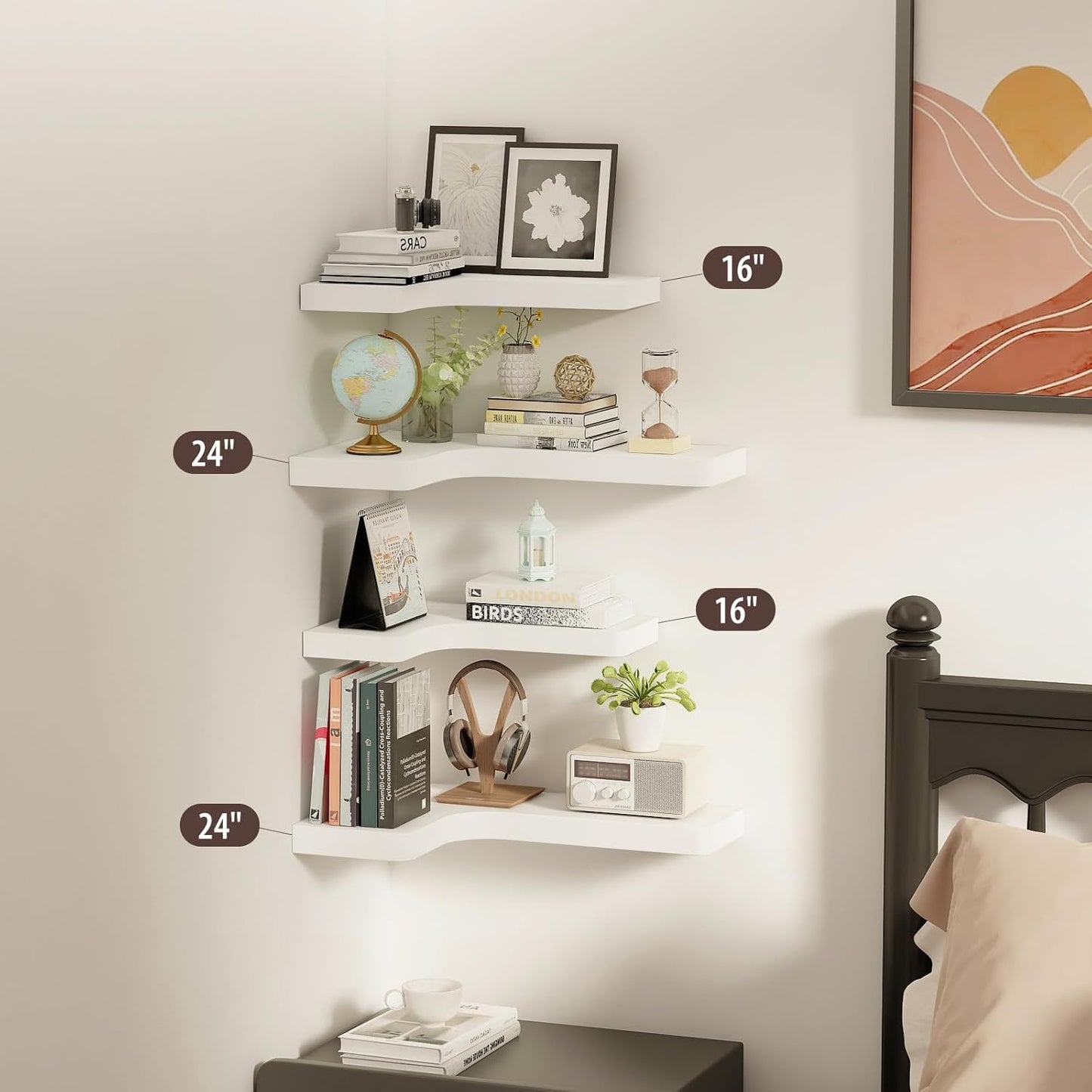 SAUMONIERES Corner Floating Shelves Wall Mount Shelf Solid Wood for Bedroom Bathroom Room Kitchen Storage Set of 3, White, Invisible Brackets