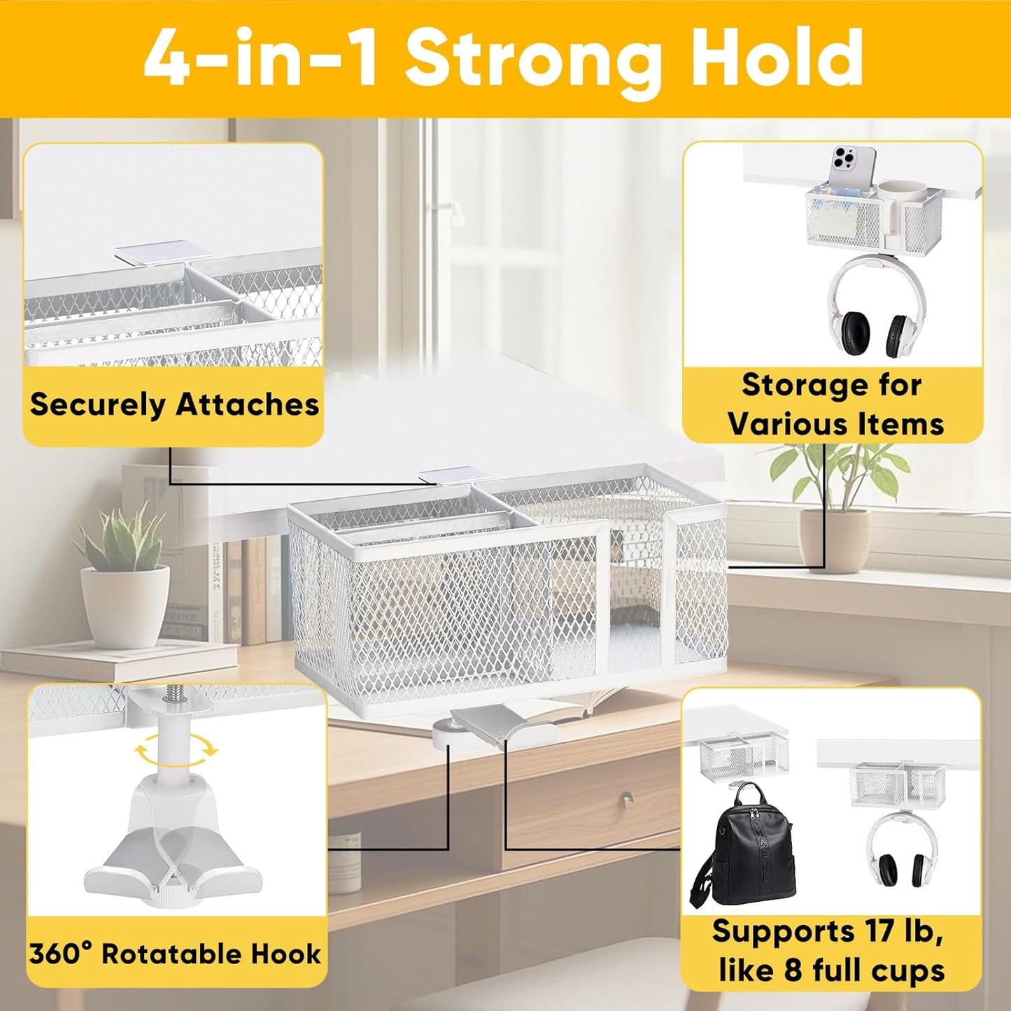 4 in 1 Metal Clip On Cup Holder Attachment for Gaming Desk or Table, Fits up to 40oz Cups, Sturdy and Easy to Clamp, Attachable Anti-Spill Cup Holder for Chair, Bedside, Bottles, Drinks - White