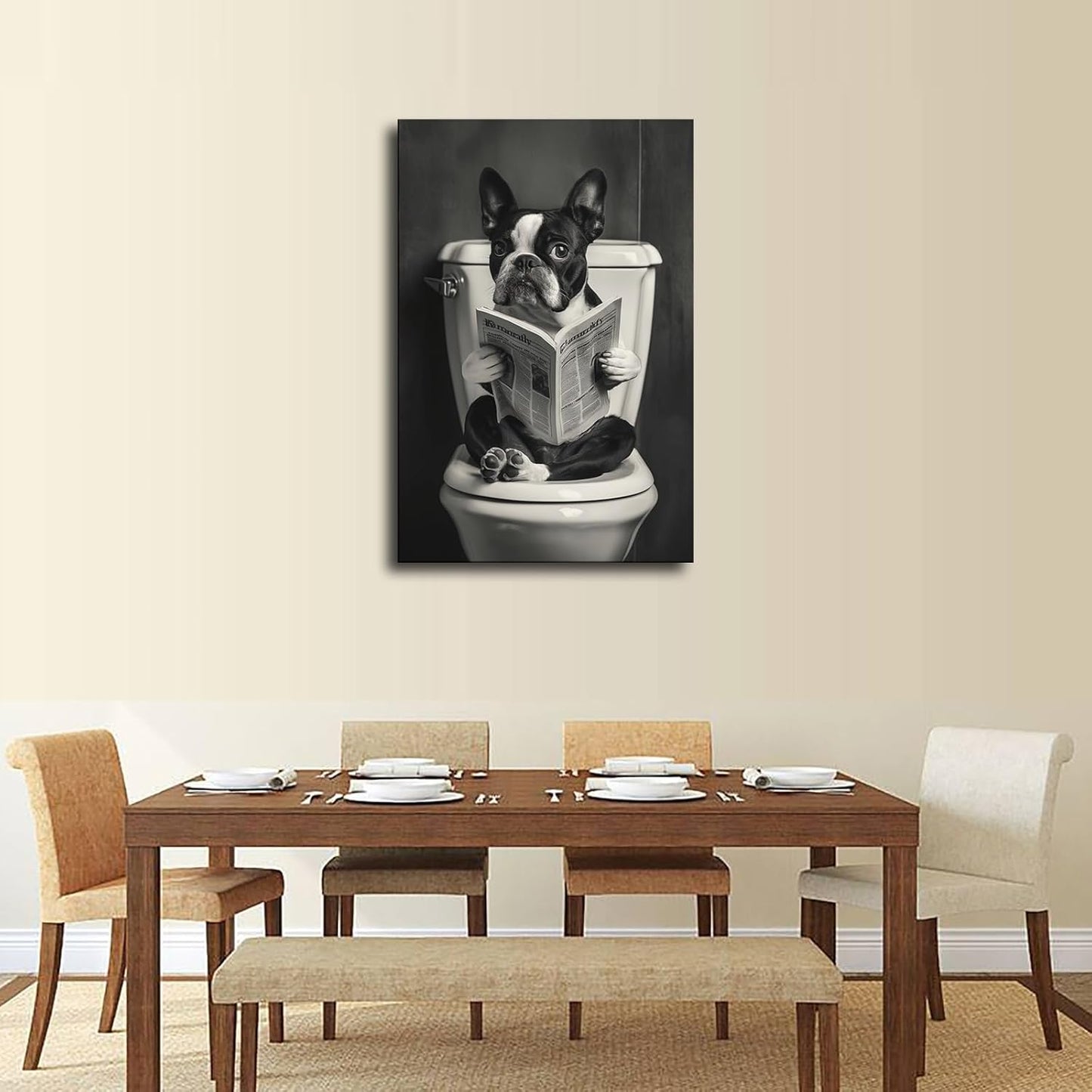 Boston Terrier Sitting on Toilet Reading Newspaper Funny Animal Dog Print Poster Picture HD Print Poster Retro Painted Modern Home Bedroom Room Aesthetic Decoration Canvas Art (20x30inch Framed)