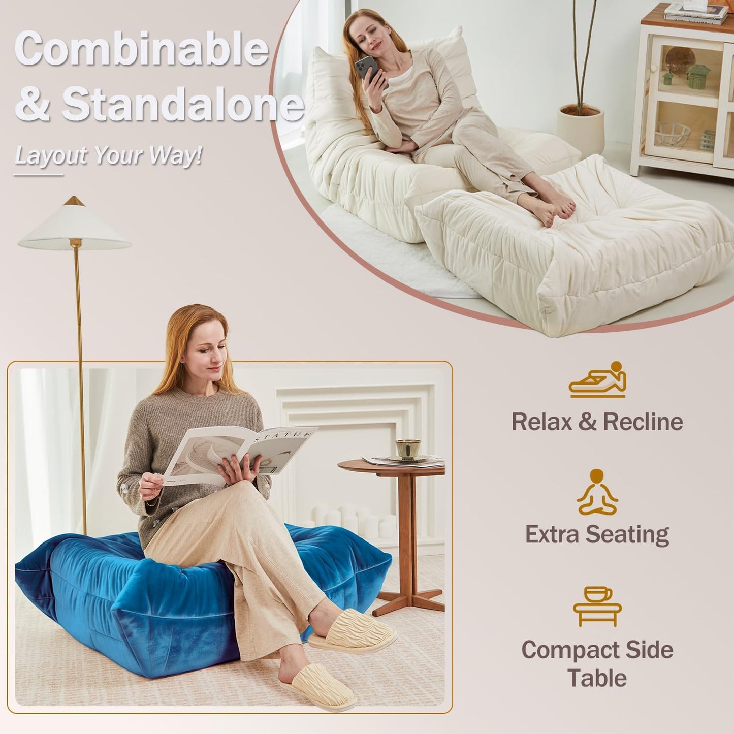 Extra Large 29.5"x27.5" Bean Bag Ottoman Fireside Chair, Memory Foam Foot Rest, Soft Corner Lazy Sofa for Living Room, Bedroom, Dorm & Apartment, Comfy Seat for Adults, Teens, Kids (Beige)