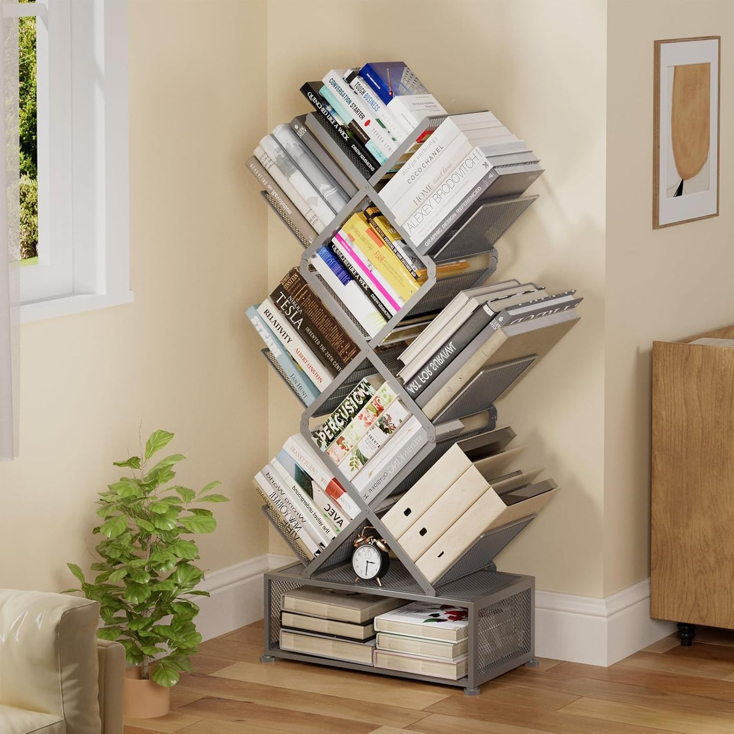 Metal 6 Tier Bookshelf, No Assembly Needed Foldable Bookcase with Storage Cabinet, Industrial Standing Shelf for Home Office Living Room, Gray