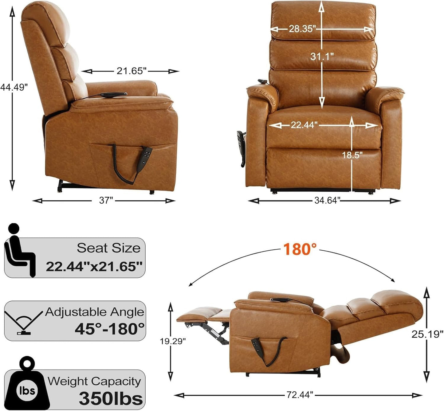Luxury Dual Motor Power Lift Chair for Elderly, Infinite Position Recliner with Heat and Massage, Breathable Leather High Back Sofa with Remote Control for Living Room