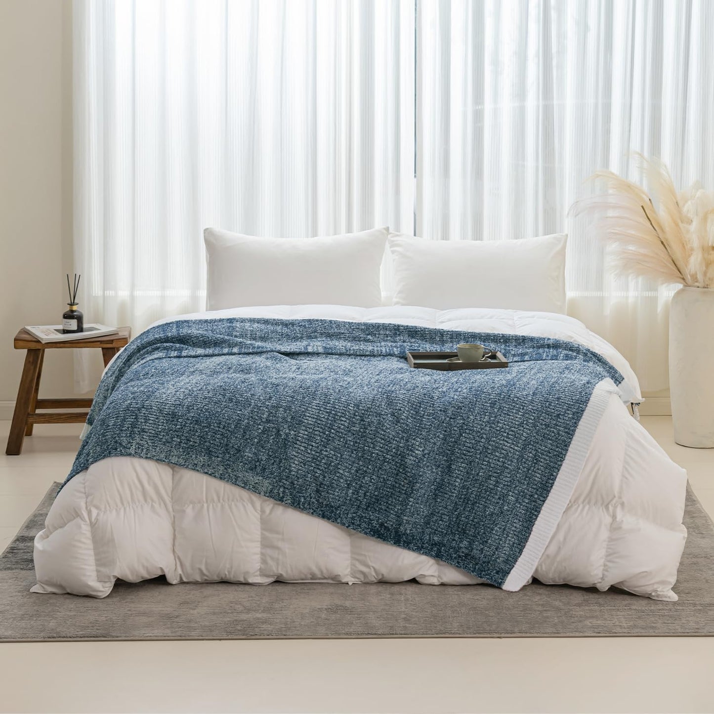 MH MYLUNE HOME Ultra Soft Ribbed Throw Blanket for Couch 60x80 Inches Luxurious Super Cozy Fluffy Microfiber Blanket Plush Warm Reversible Throw Blankets for Sofa Bed - Blue 60 x 80 Inches