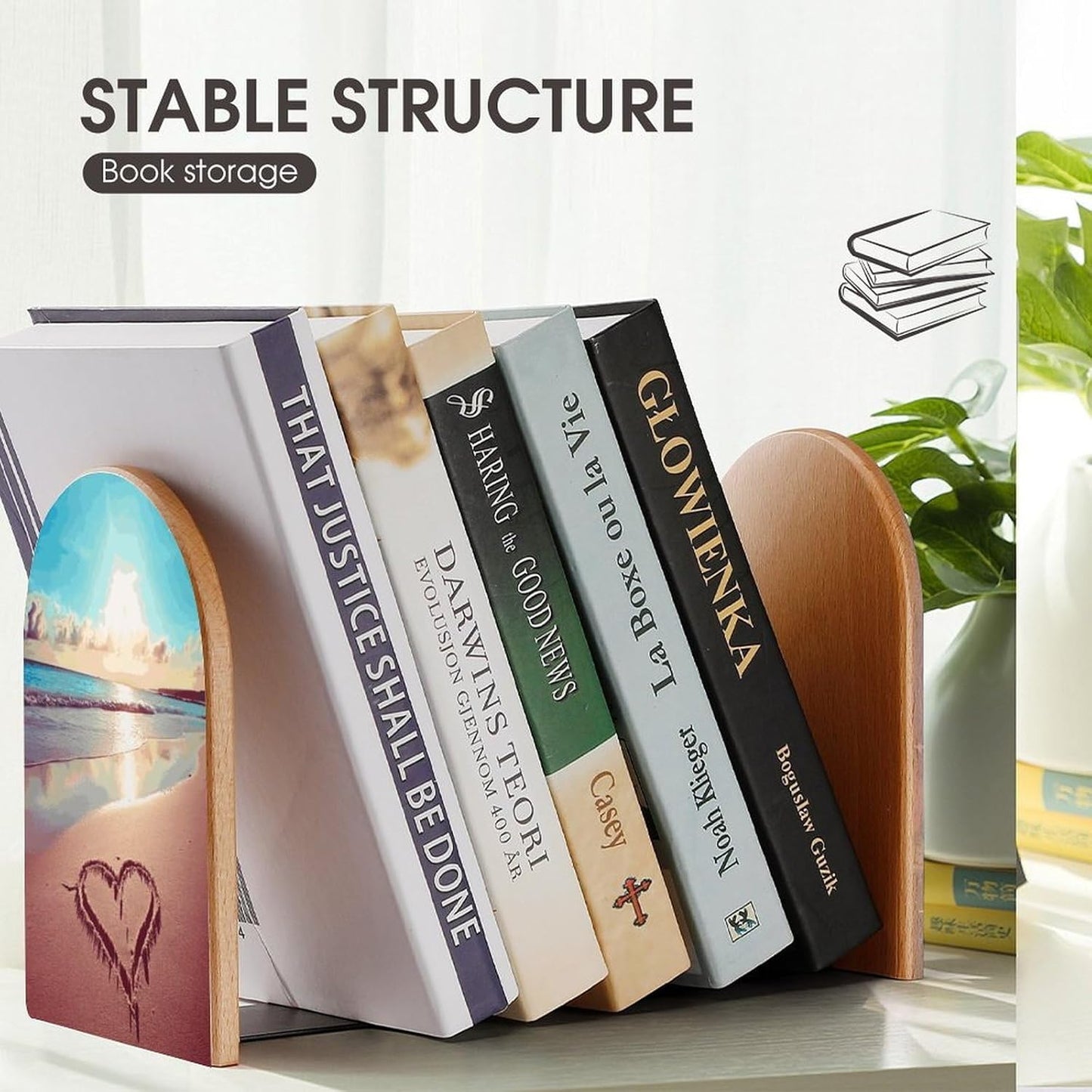 Love Beach Bookend for Shelves Wooden Book End Large Size Sturdy Book Holders Stoppers with Metal Base for Bookshelves Slick Decorative Bookends Stands
