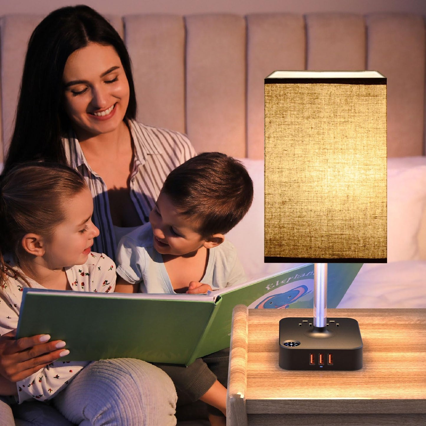 Bedside Table Lamp - Touch 3 Way Dimmable Lamp with 3 USB Charging Ports & 2 AC Outlets, Square Base Rectangular Flaxen Shade, Bedroom, Office, Dorm, Decor, LED Bulb Included (Black-Black)