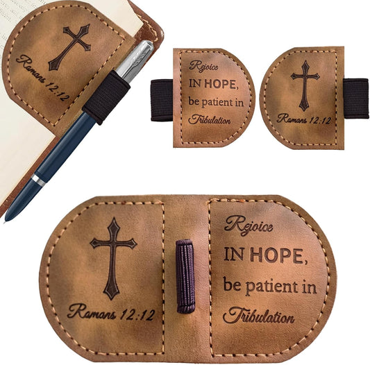 Magnetic Leather Bookmark with Pen Holder - Inspirational Bible Verse Scripture Design, Book Marker for Book Lovers Men Women (Brown-Romans 12:12)