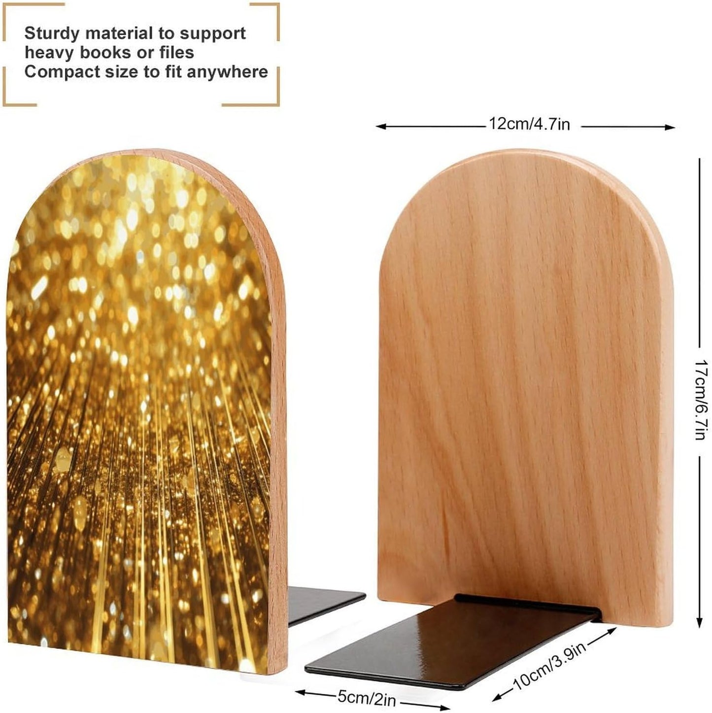 Gold Bling Bookend for Shelves Wooden Book End Large Size Sturdy Book Holders Stoppers with Metal Base for Bookshelves Slick Decorative Bookends Stands