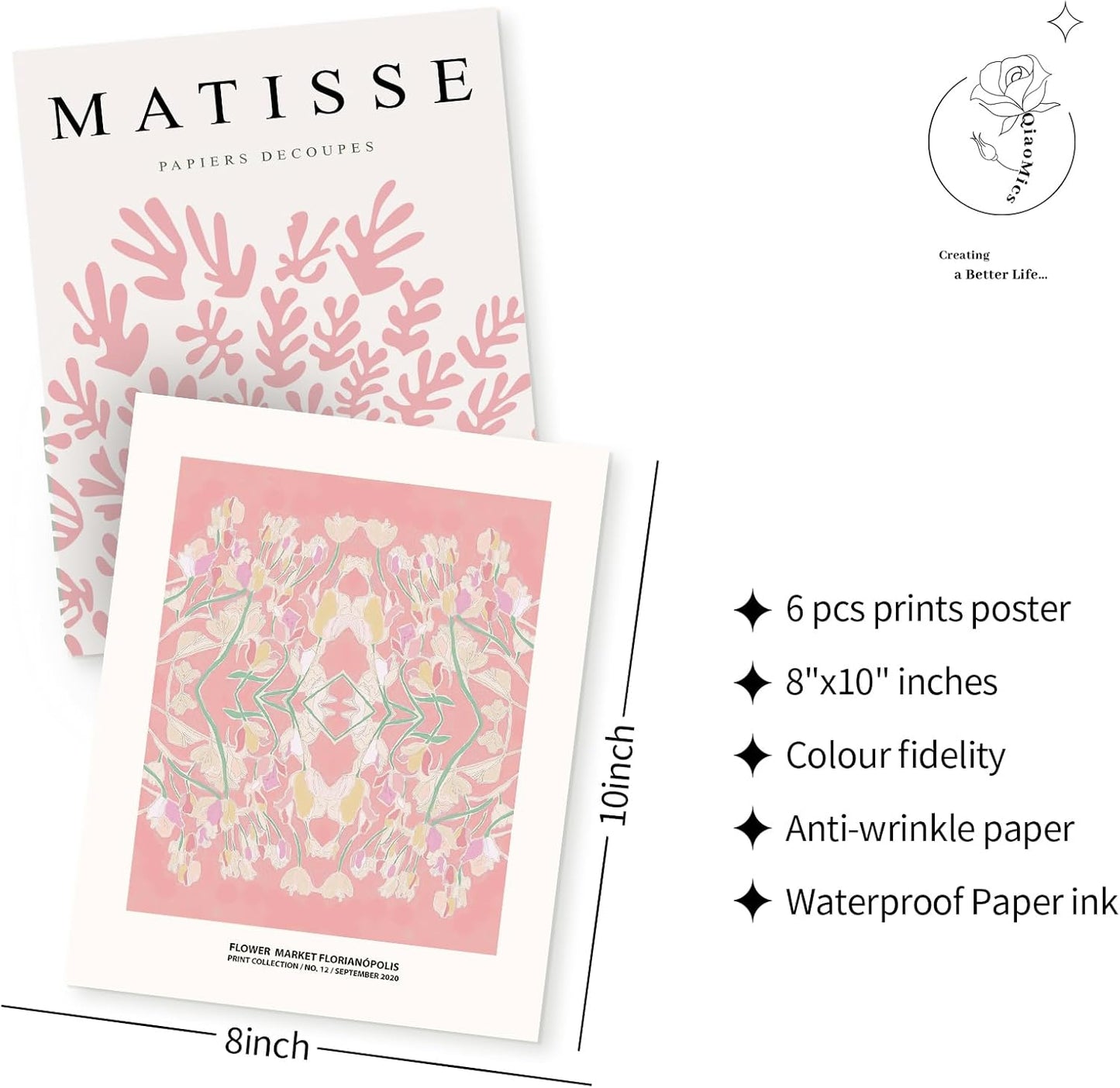 QIAOMICS Pink Flower Market Wall Art Prints,Cute Matisse Wall Decor Aesthetic,Colorful Exhibition Posters Wall Decor Posters for Bedroom,Dorm (8"×10" Unframed)