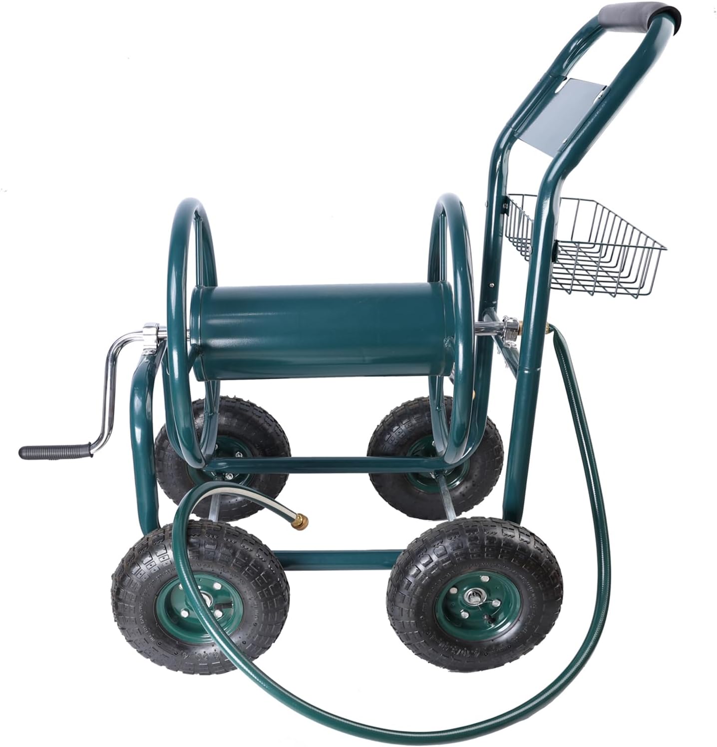 Garden Hose Reel Cart, Portable 4 Wheels Water Hose Reel Cart with Storage Basket, Heavy-Duty Water Hose Holder Trolley for Yard Garden Farm Green As Shown