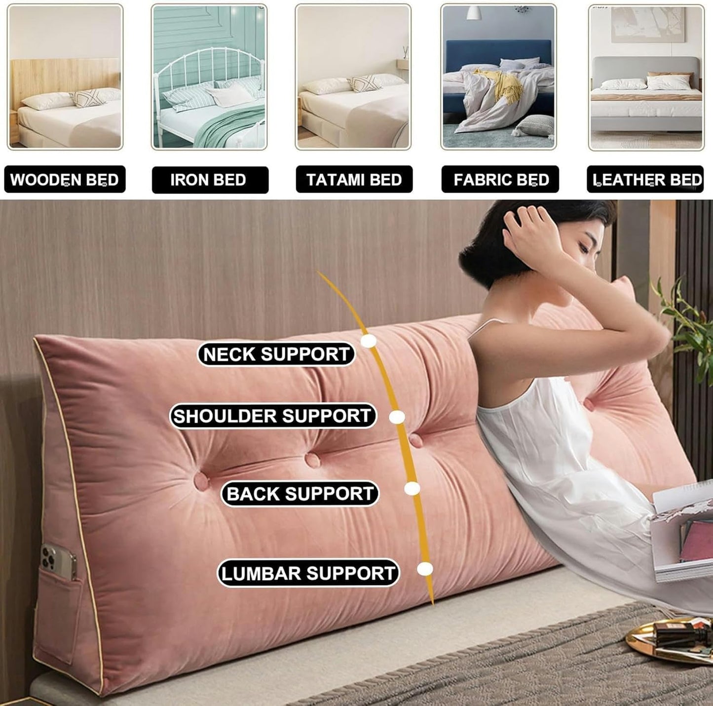 AMNOOL Large Triangular Headboard Pillow Wedge Reading Bed Rest Pillow Solid Color Backrest for Daybed Bunk Bed Positioning Support Cushion with Removable Cover, Pink1