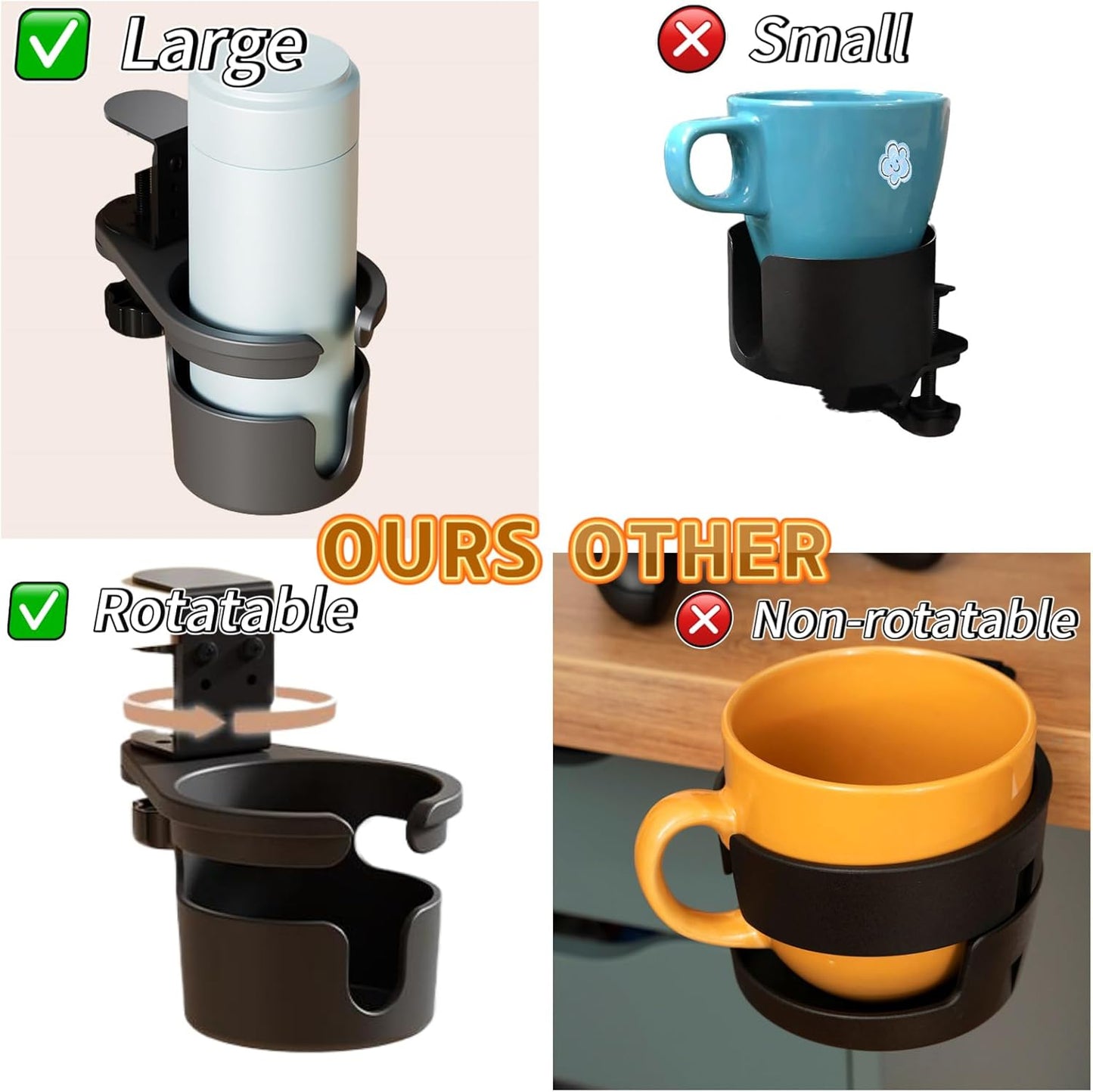 No Drill Desk Cup Holder Clamp, 360° Rotating Anti-Spill Table Cup Holder, Adjustable Clip on Cup Holder for Gaming Desk, Gamer Gift, Drink Holder for Coffee Cup, Office Accessories (Sleek)