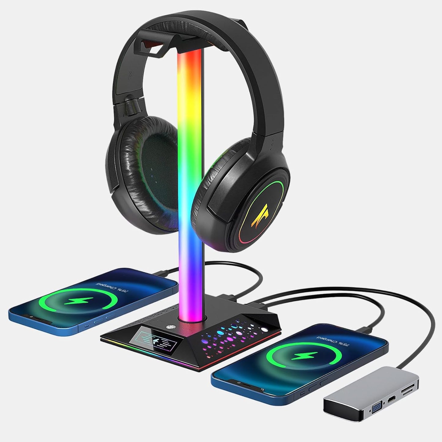 Gaming Headphone Stand PC Accessories - RGB Headset Stand with 2 USB Charger, Cool LED Headphone Holder PC Gaming Accessories for Boys Men Gamers, Computer Game Hardware for Desk