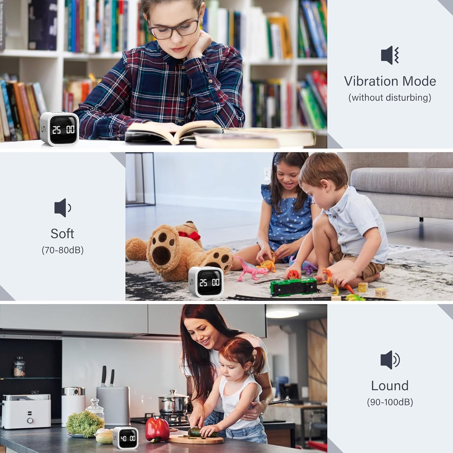 Rotating Pomodoro Timer 5, 25, 10 50 Minutes Preset, Desk Productivity Flip Timer, ADHD Tool Cube Countdown Stopwatch, Vibration/High/Low Volume/Custom Modes, for Work, Study, Back to School, White
