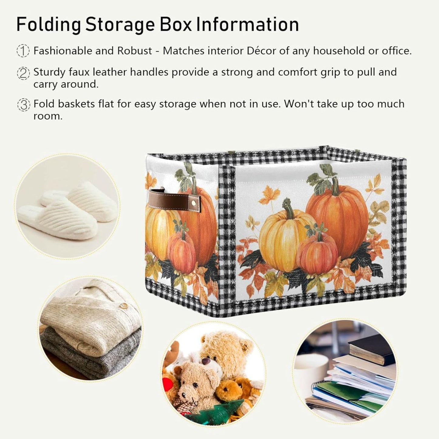 Thanksgiving Day Storage Basket, Leaves Pumpkin Autumn Foldable Fabric Collapsible Storage Bins Organizer Bag for Clothes